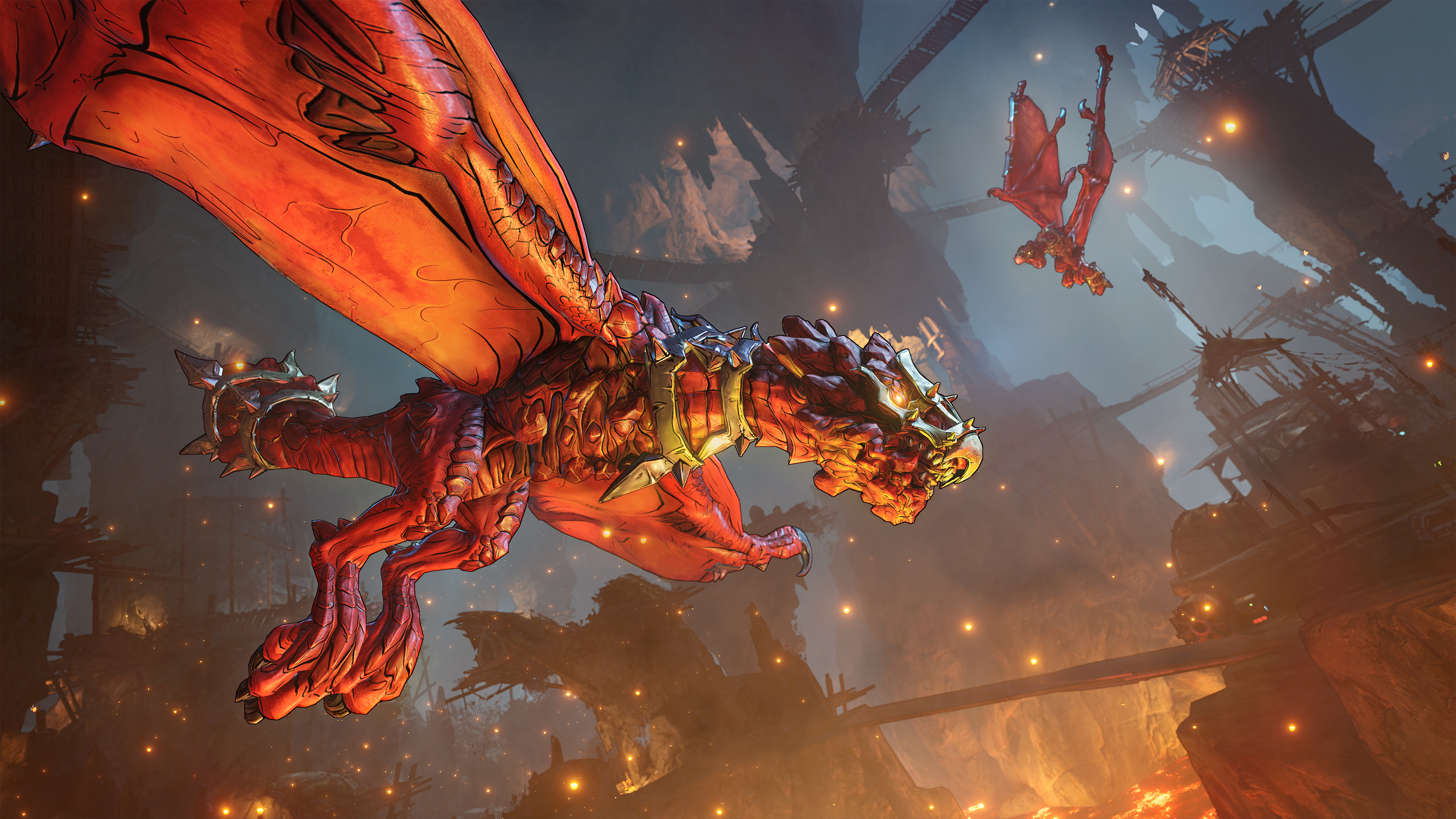 Deux dragons volant dans un paysage fantastique avec de la lave et un terrain rocheux.