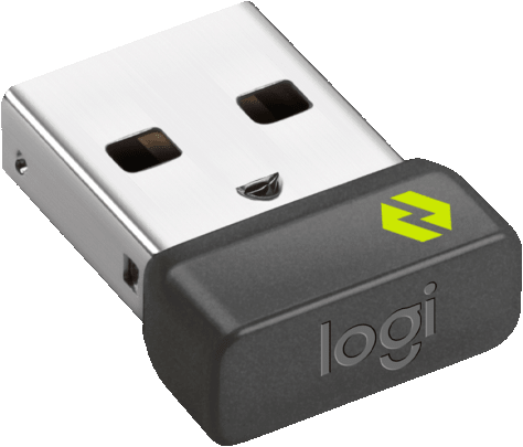 Un dongle USB Logitech noir avec connecteur argenté et logo éclair jaune.
