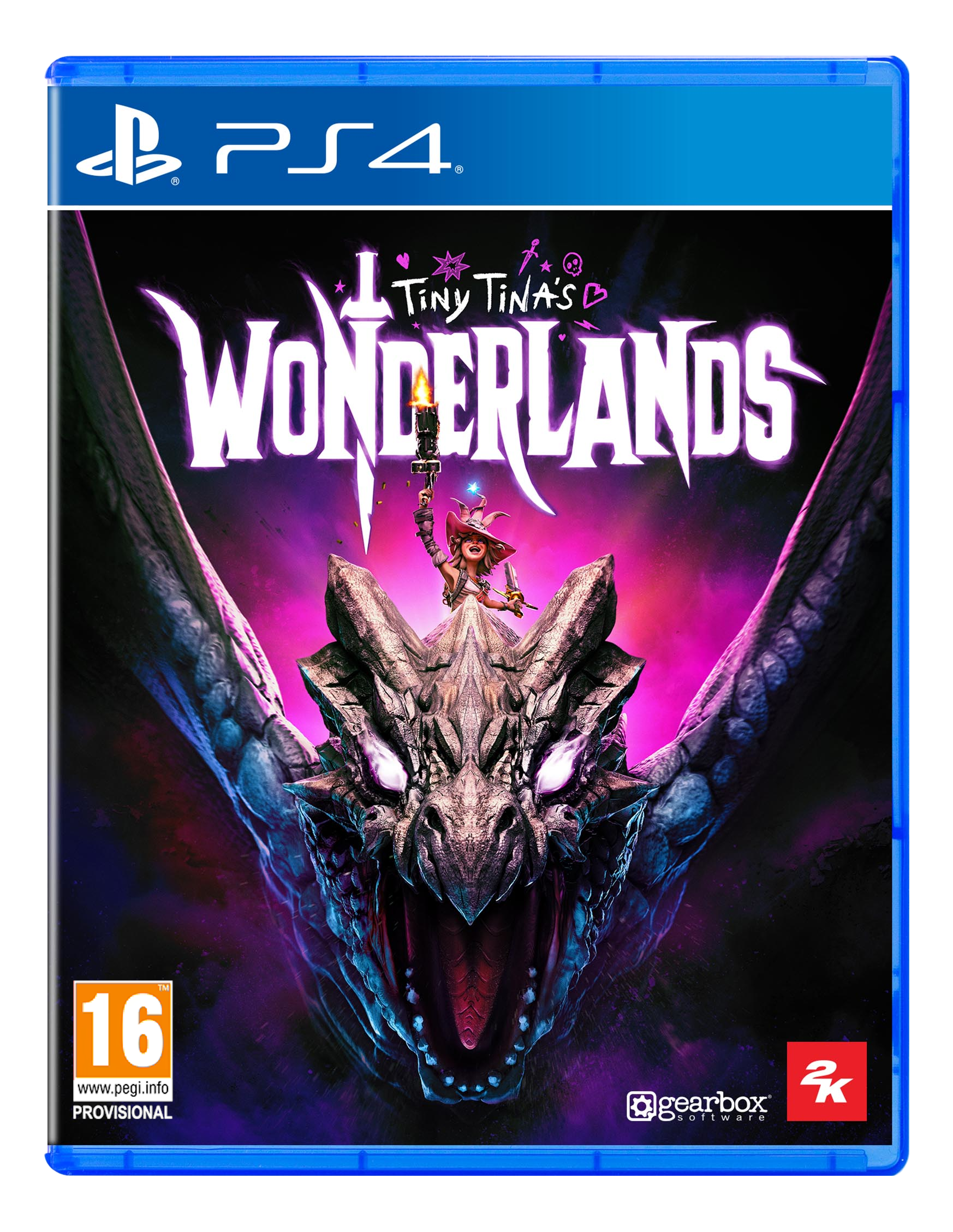 PS4-Spielcover für Tiny Tina's Wonderlands. Drache und Charakter auf rosa Hintergrund.