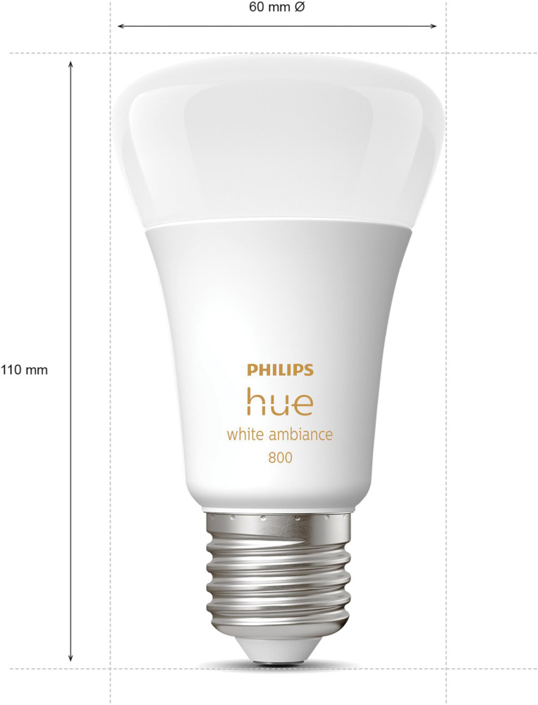 Ampoule intelligente Philips Hue blanche avec dimensions. L'ampoule est sur fond blanc.