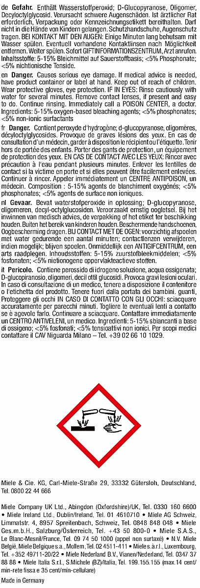 A warning label with symbols, text about the dangers of chemicals, and first aid instructions.
