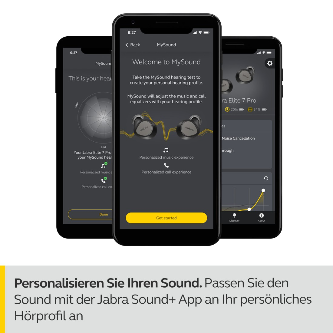 Drei schwarze Smartphones, die eine Jabra MySound App-Oberfläche zeigen. Die Bildschirme zeigen Audioeinstellungen.