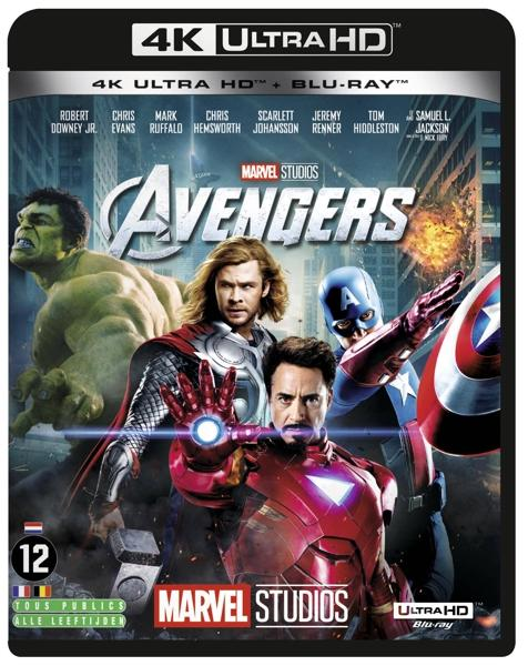 Avengers Blu-ray cover. Iron Man, Thor, Hulk, and Captain America are featured. Explosions and city skyline in background.