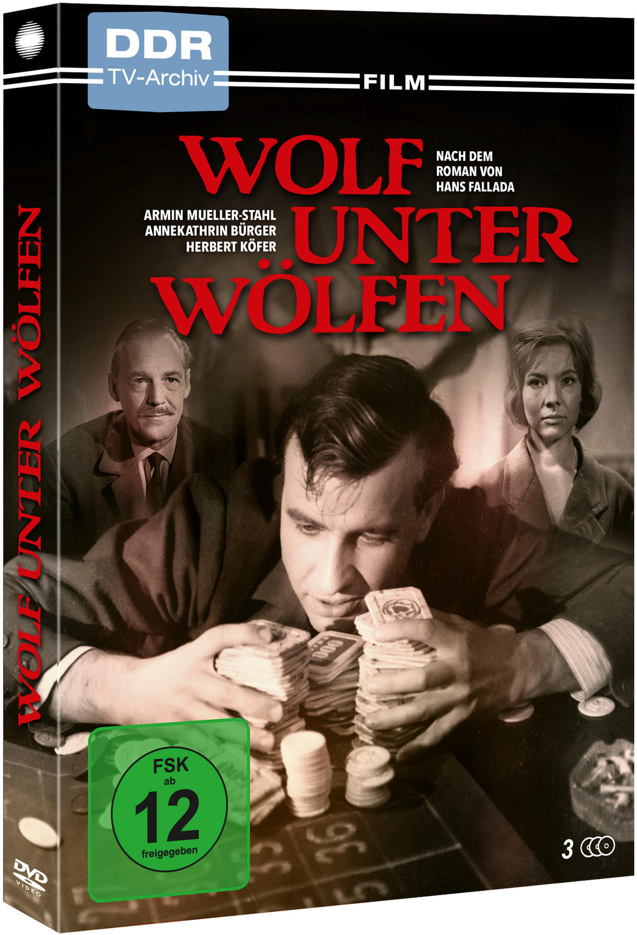 DVD-Cover. Filmplakat mit drei Personen in einem Casino. Text: Wolf Unter Wölfen.