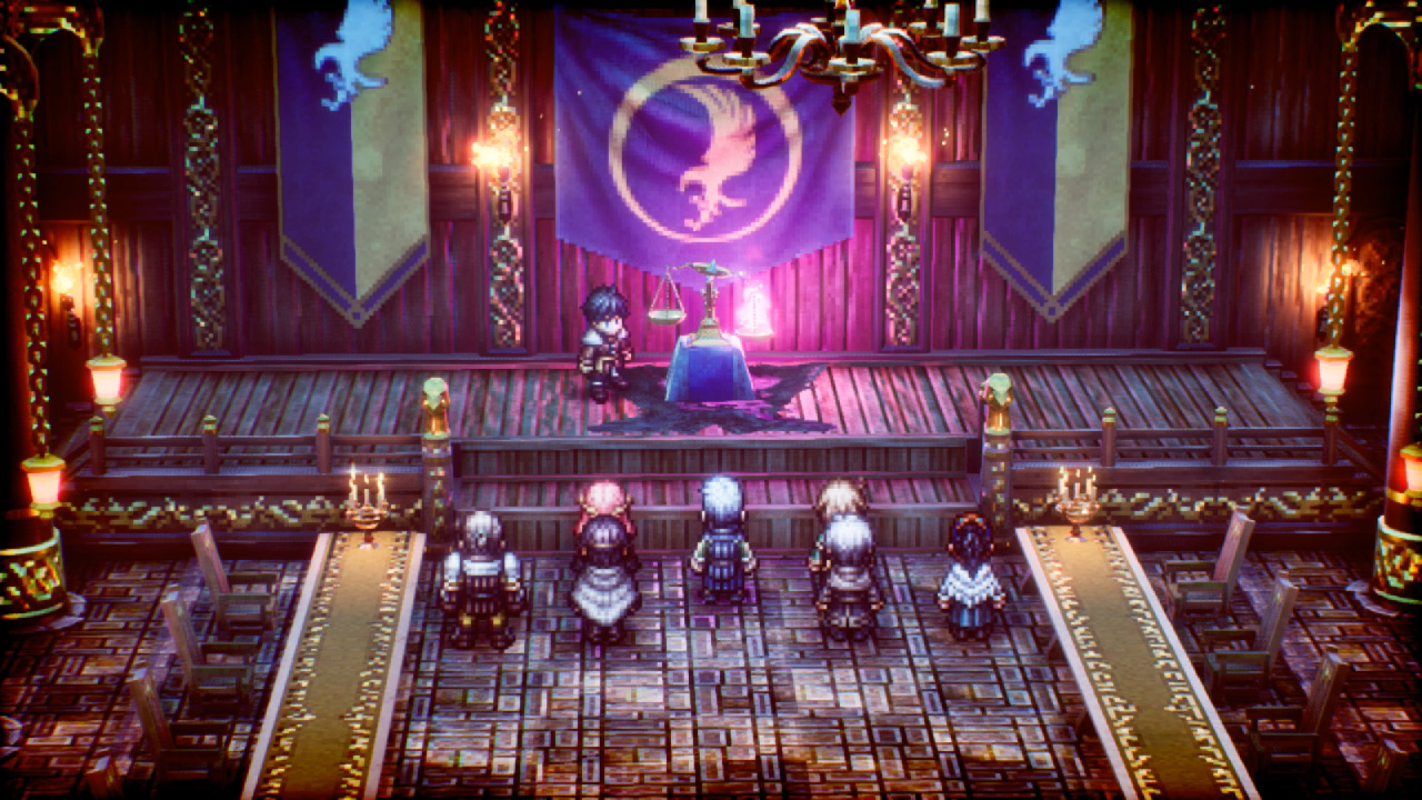 Eine verpixelte Szene aus einem Videospiel mit Charakteren in einem Raum, mit Banner und Waage.