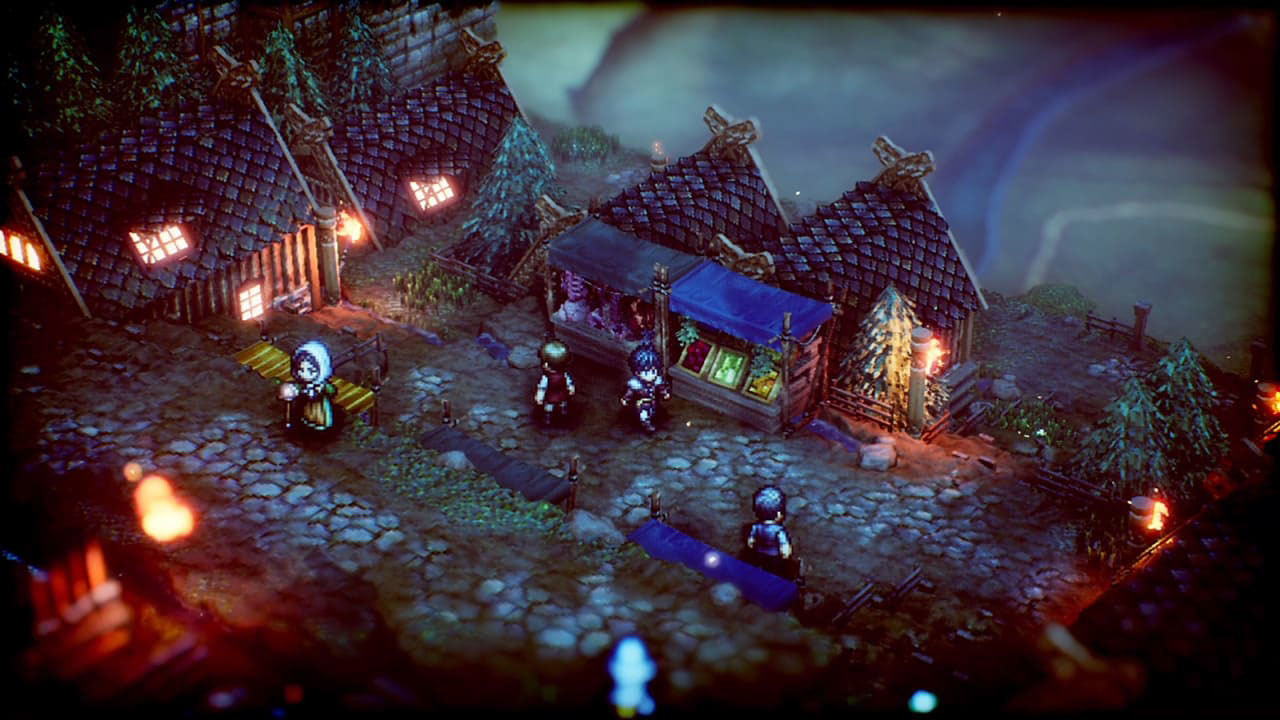 Eine Draufsicht auf eine Dorfszene aus einem Videospiel. Gebäude, Charaktere und Marktstände.