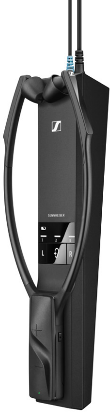 Schwarzer Sennheiser Nackenbügel-Empfänger mit angeschlossener Ladestation.