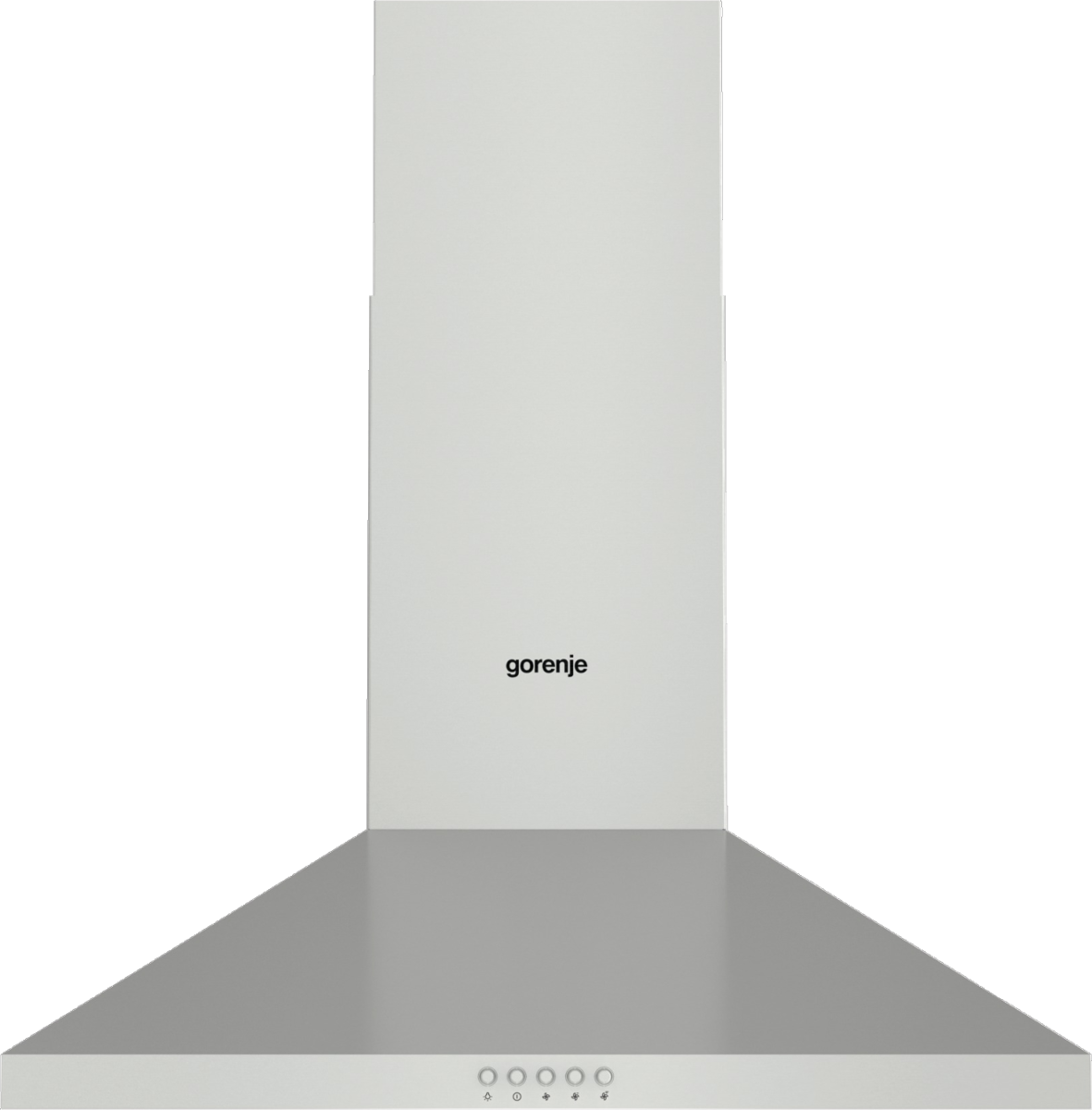 Egy ezüst páraelszívó. Téglalap alakú. A 'gorenje' márkanév a közepén található.
