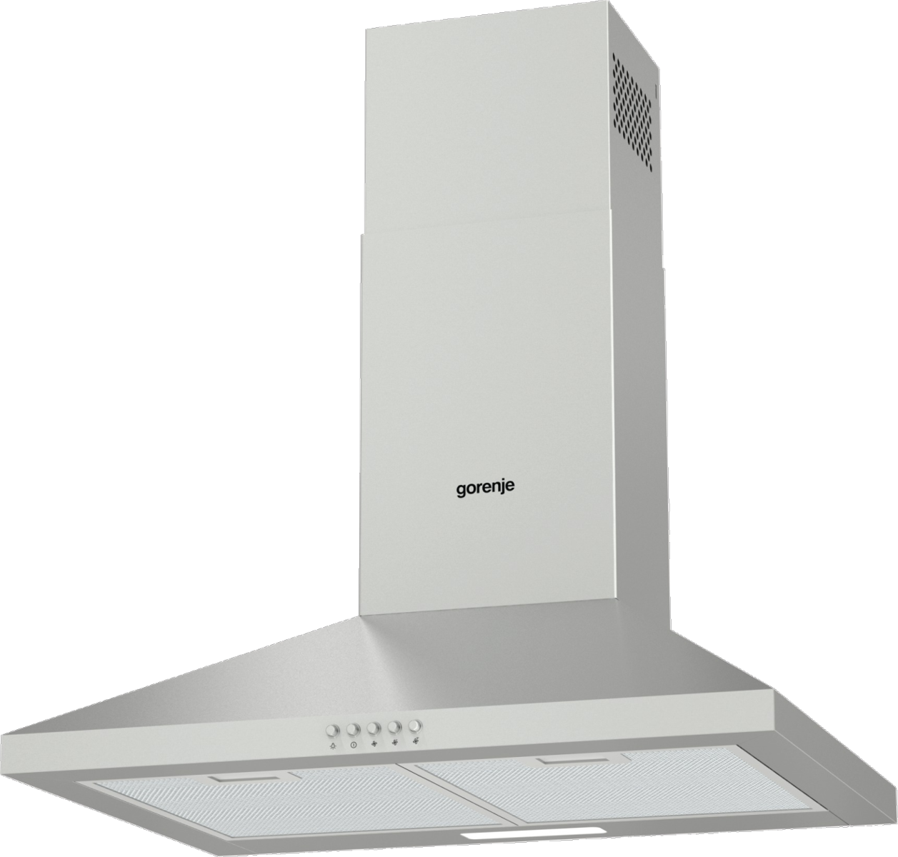 Fém ezüst páraelszívó, 'gorenje' logóval és vezérlőgombokkal, alulról nézve.