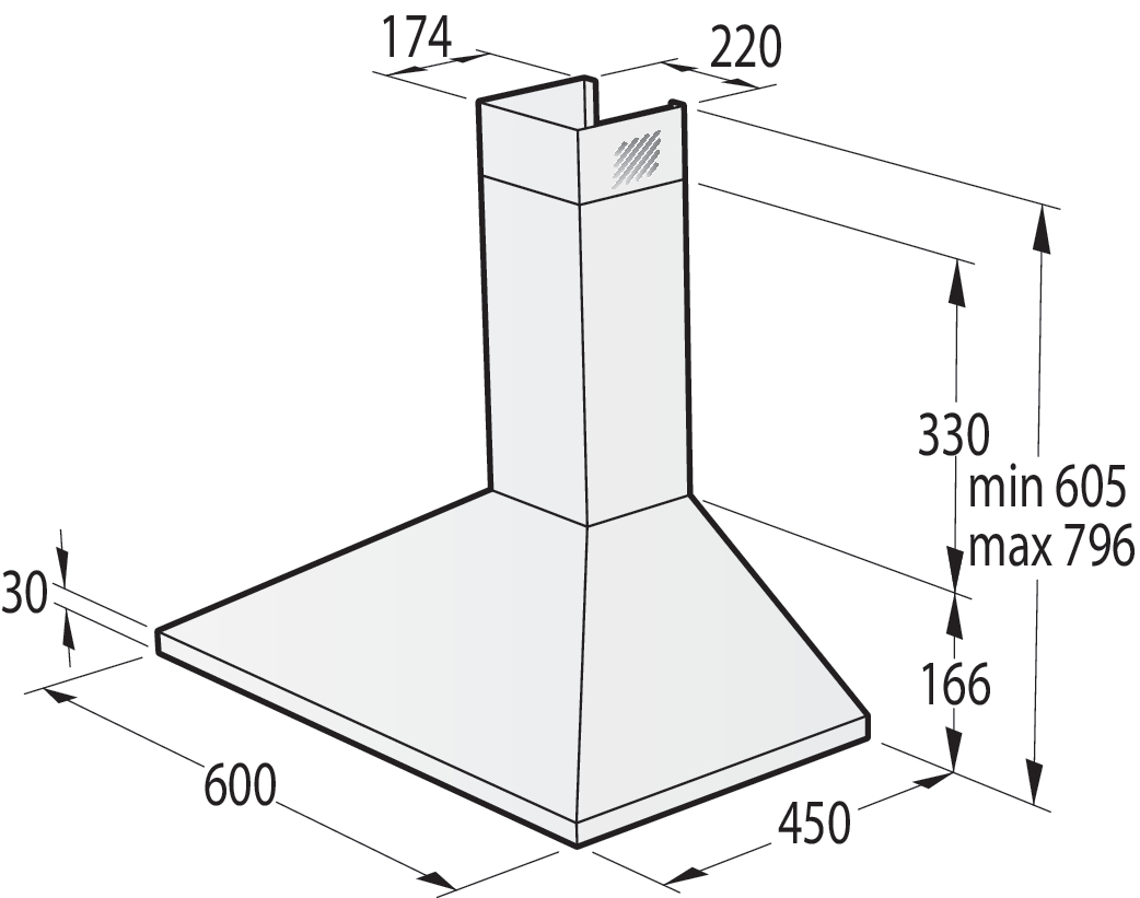 Konyhai páraelszívó diagramja, méretekkel milliméterben, téglalap alakban.
