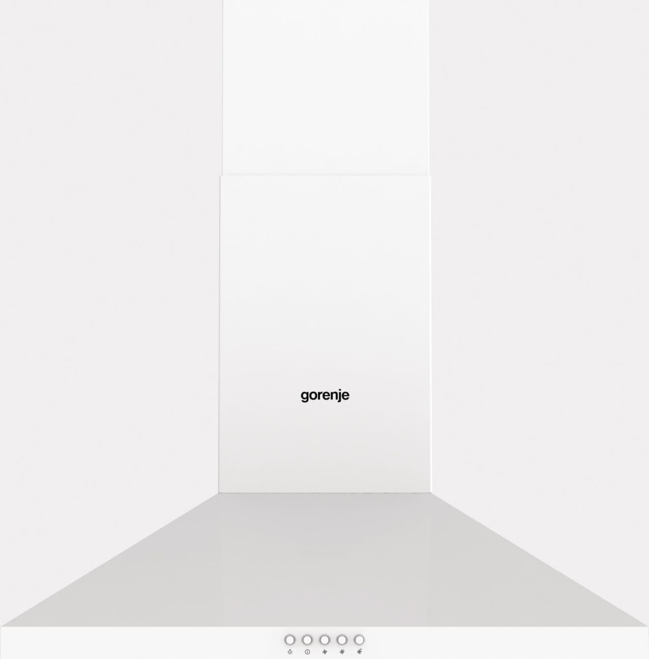 Egy fehér páraelszívó a közepén a 'gorenje' névvel. Lapos kialakítású, alul érintőgombokkal.