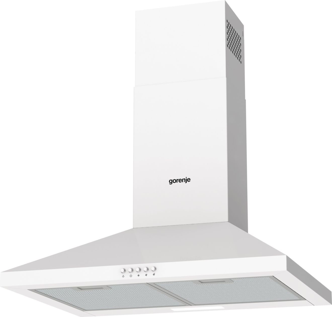 Fehér konyhai páraelszívó gombokkal. Gorenje logó.