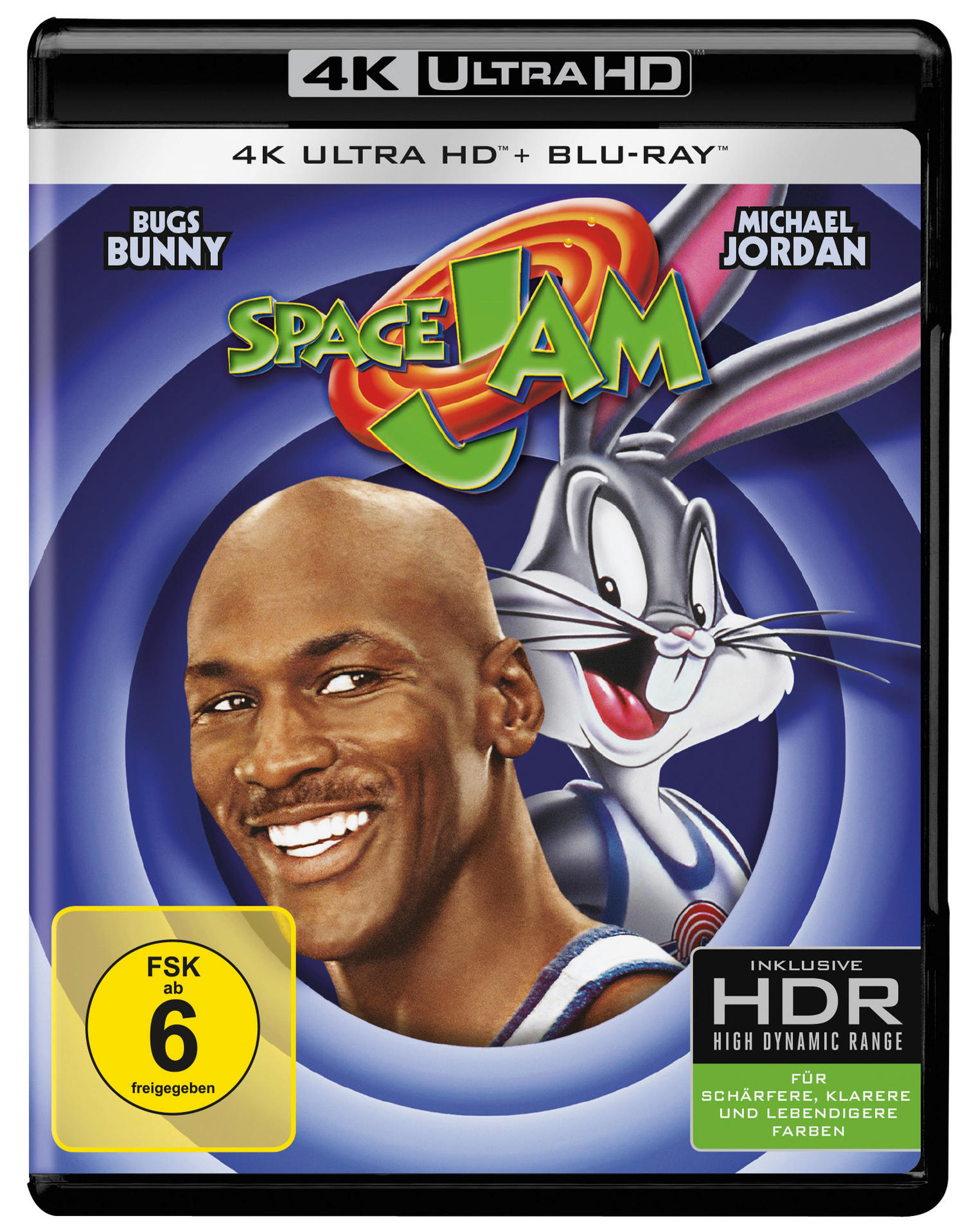 Space Jam 4K Ultra HD Blu-ray-Cover. Bugs Bunny und Michael Jordan sind mit Text abgebildet.