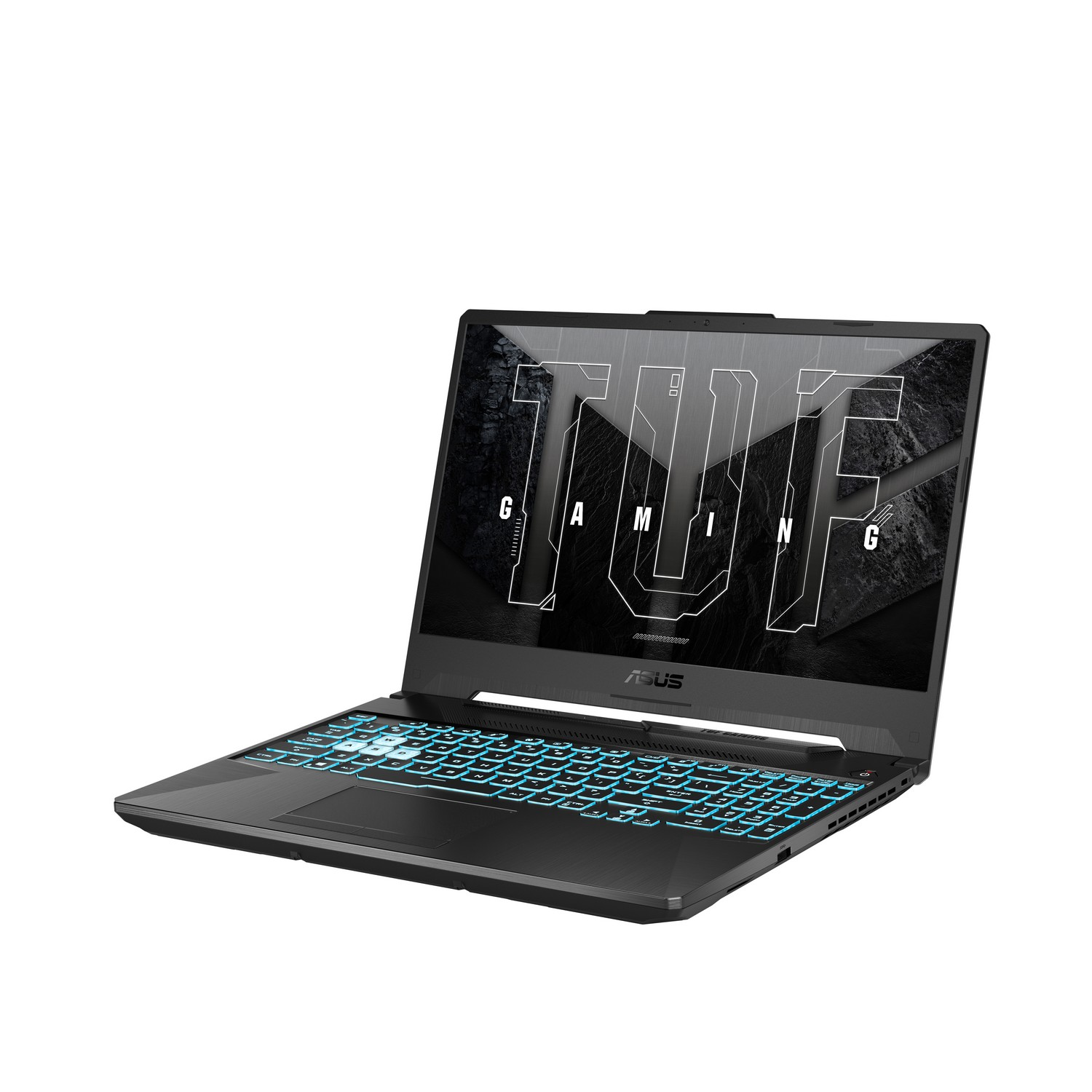 Un portátil negro con un teclado retroiluminado azul sobre un fondo blanco.