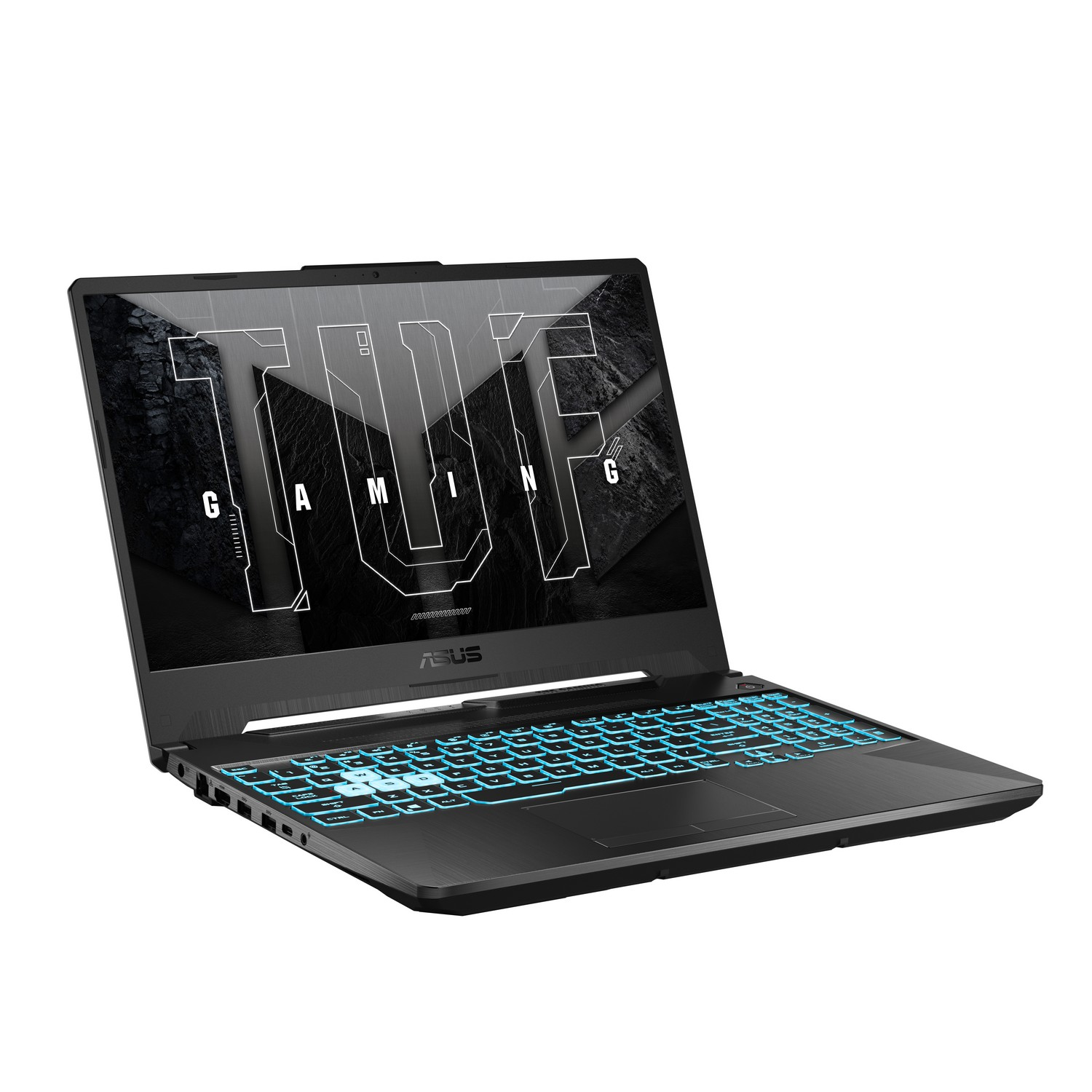Laptop de juegos negro con teclado azul iluminado.