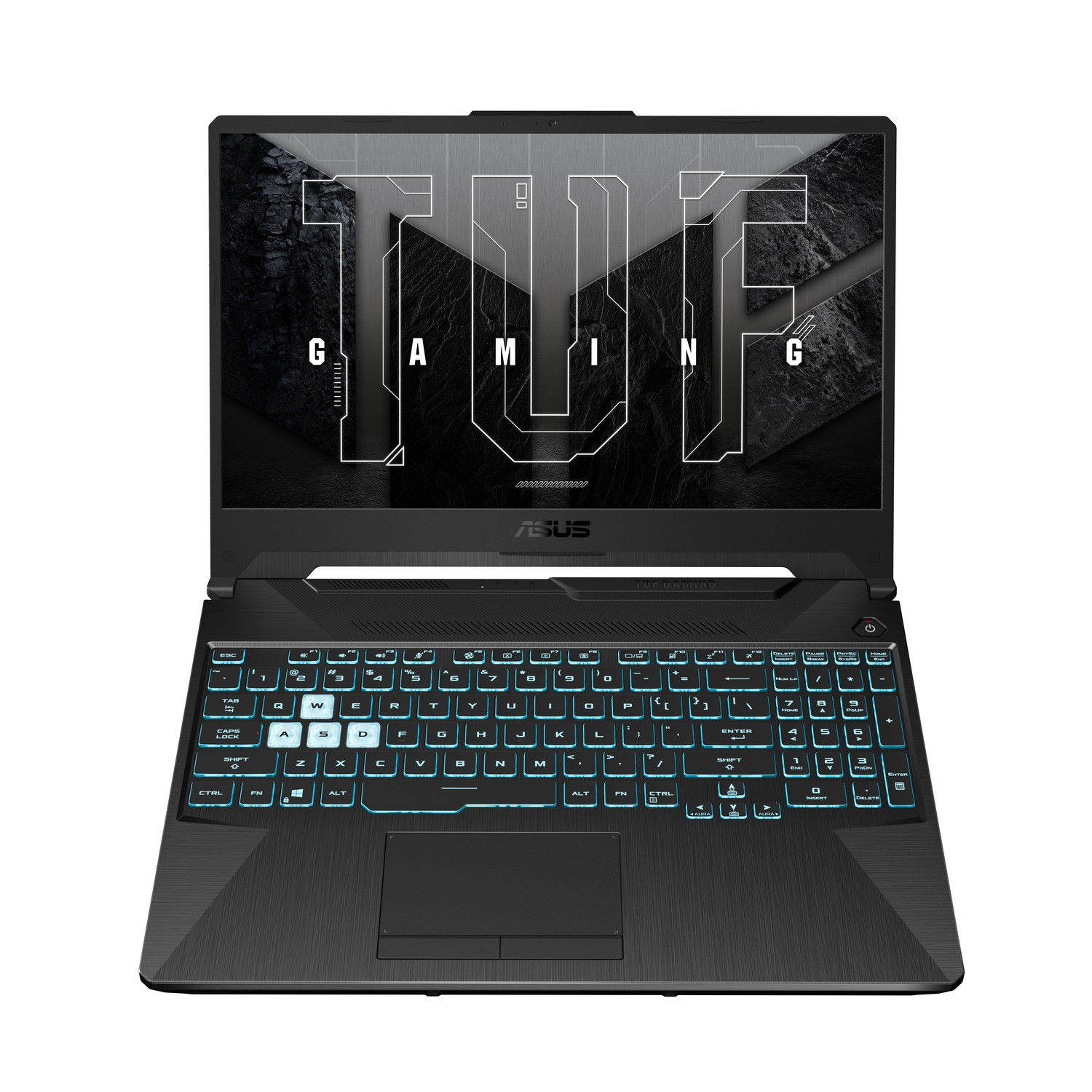 Un portátil ASUS TUF gaming negro está abierto sobre una superficie blanca, teclas iluminadas y logotipo en la parte superior.