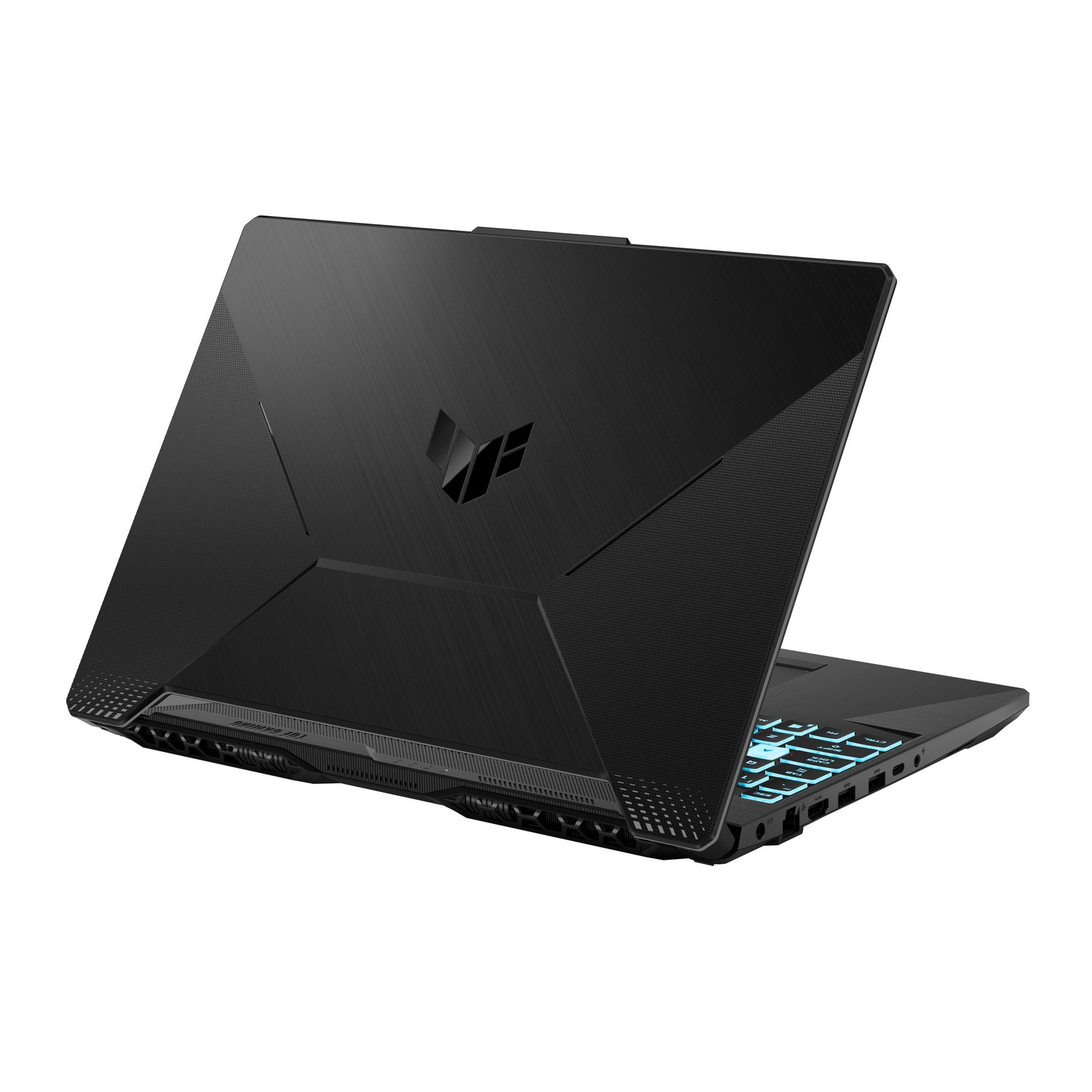 Vista trasera de portátil gaming negro, logo y ventilación, teclado azul, fondo blanco.