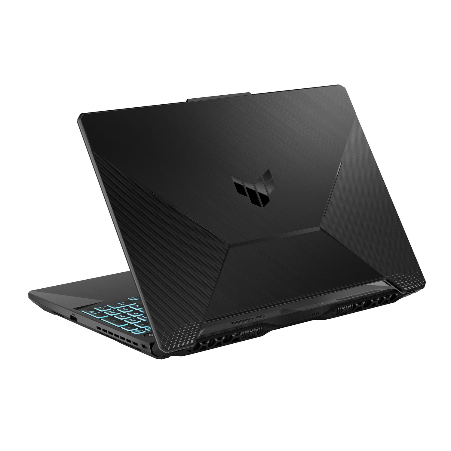 Laptop negro, vista en ángulo, con teclado iluminado.