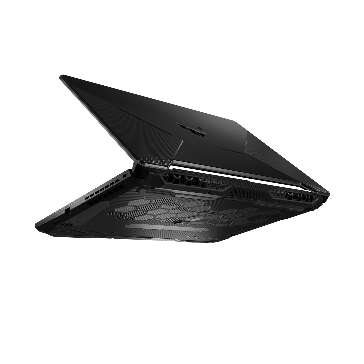 Portátil negro, abierto, en ángulo sobre una superficie blanca, con teclado visible.