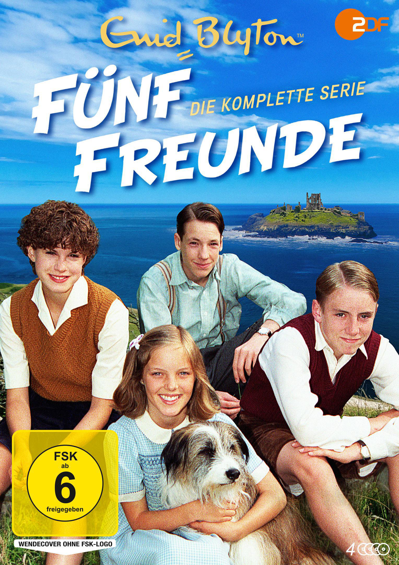 DVD-Cover für die Serie 'Fünf Freunde'. Zeigt Kinder am Meer und ein Schloss.