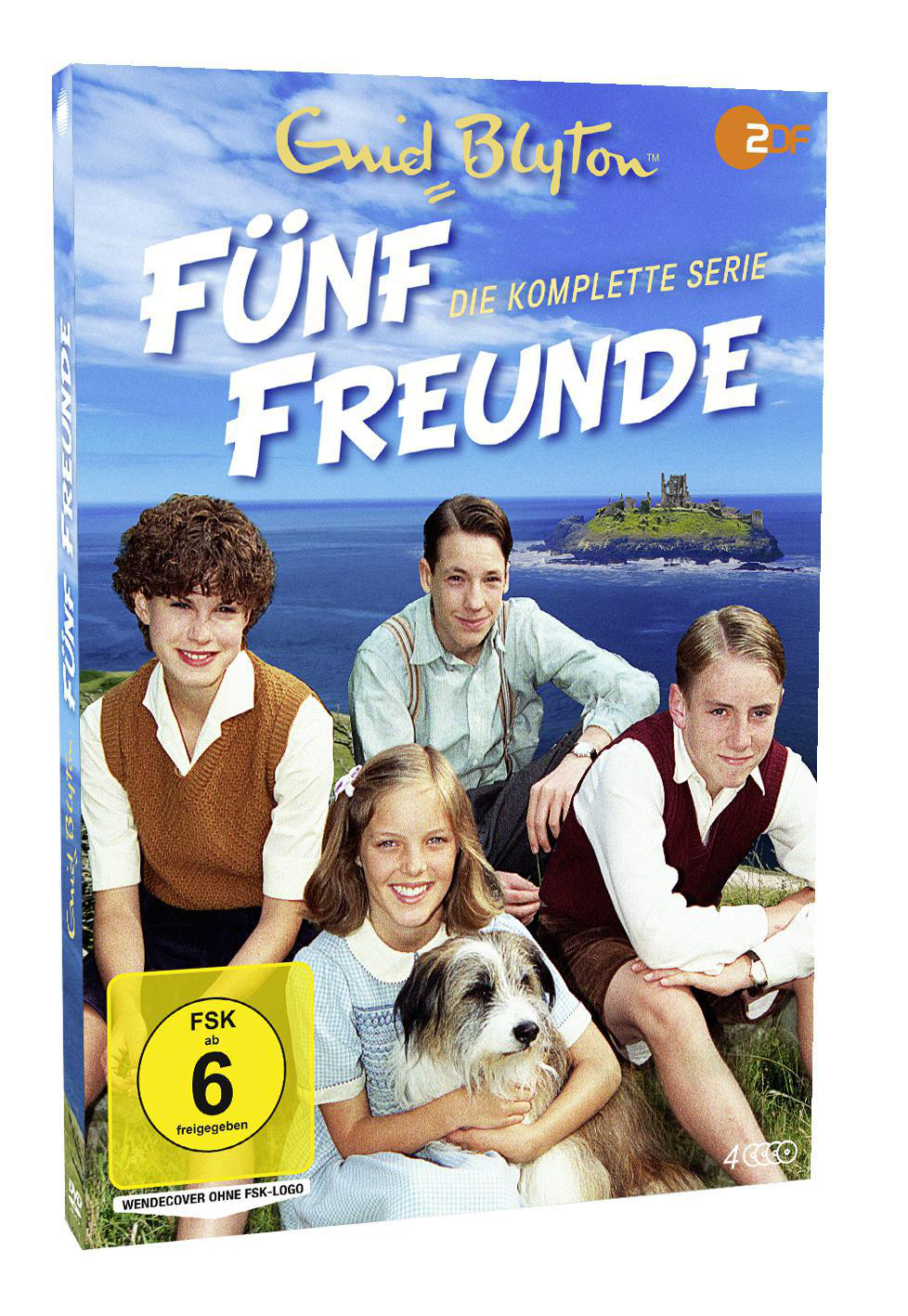 DVD-Cover von 'Fünf Freunde' mit Kindern vor Küstenhintergrund und Burg.