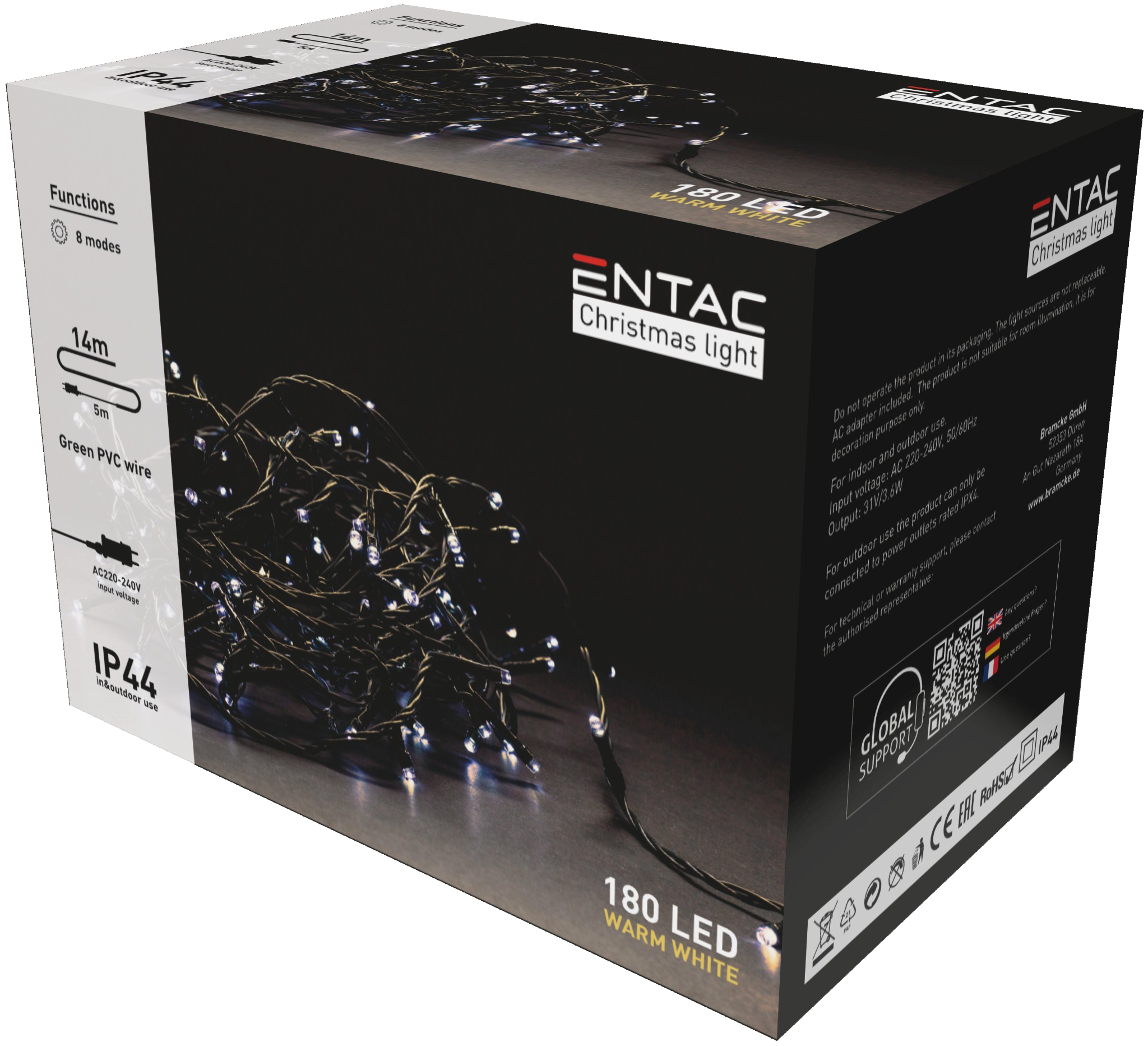 ENTAC Karácsonyi IP44 180 LED, füzér, meleg fehér, 14m (ECL-180-WW)