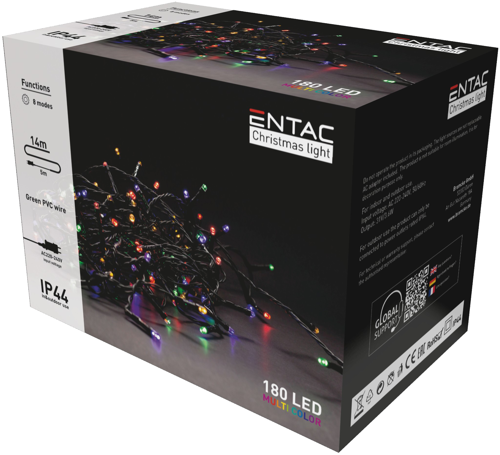 ENTAC Karácsonyi IP44 180 LED, füzér, színes, 14m (ECL-180-MC)