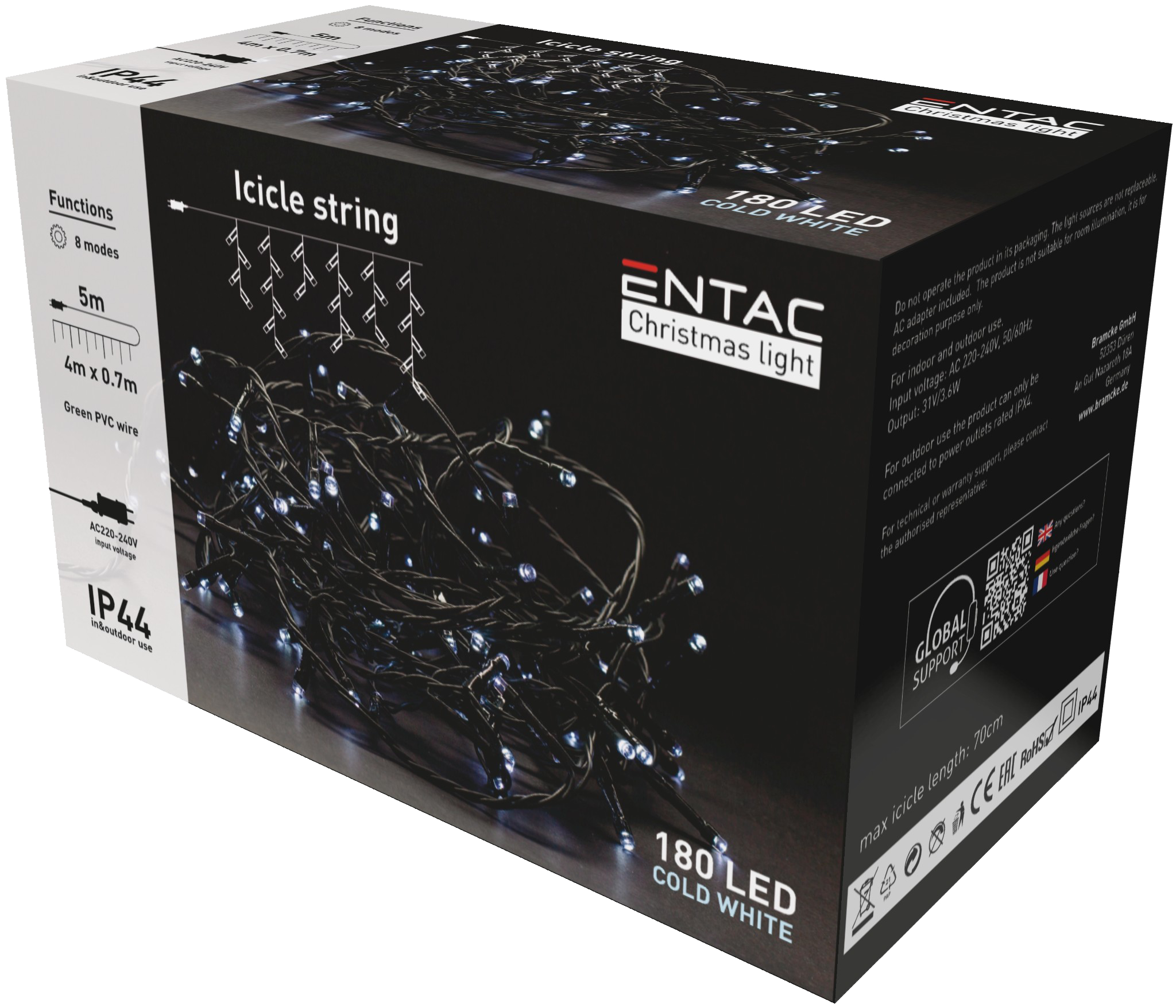 ENTAC Karácsonyi IP44 180 LED, jégcsapfüzér, hideg fehér, 4m (ECL-I180CW)