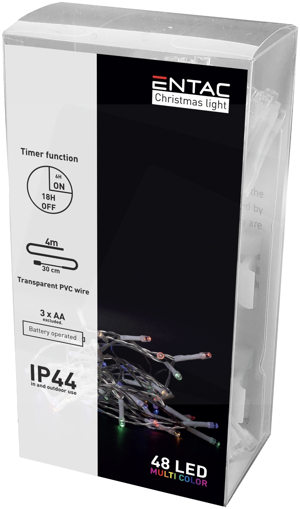 ENTAC Karácsonyi IP44 füzér, 48 LED, Időzítővel színes, 4m (3x AA) (ECL-48MC-T)
