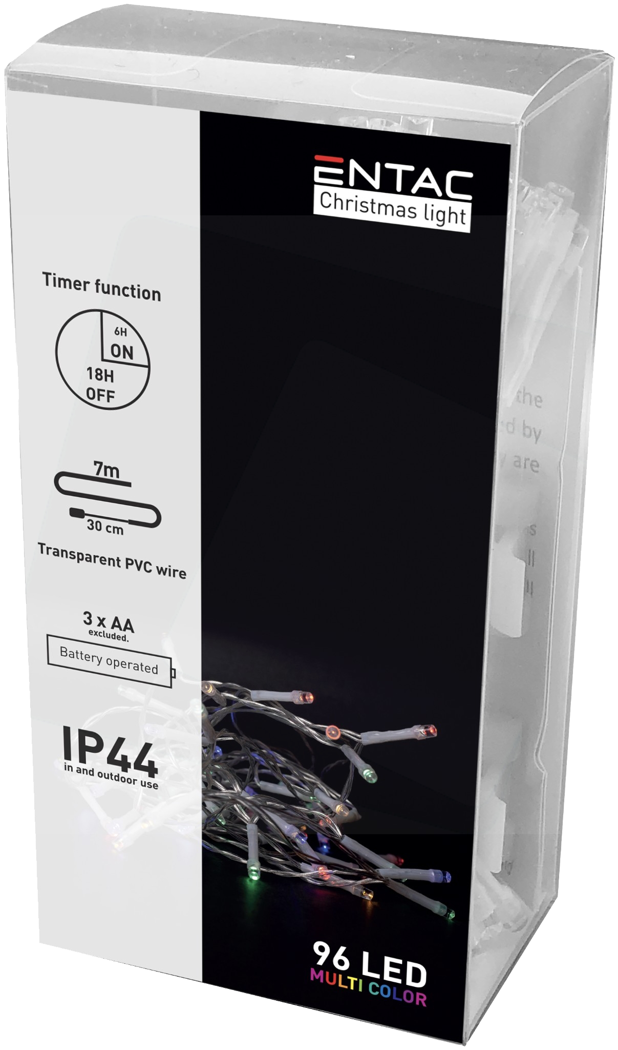 ENTAC Karácsonyi IP44 füzér, 96 LED, Időzítővel színes, 7m (3x AA) (ECL-96MC-T)