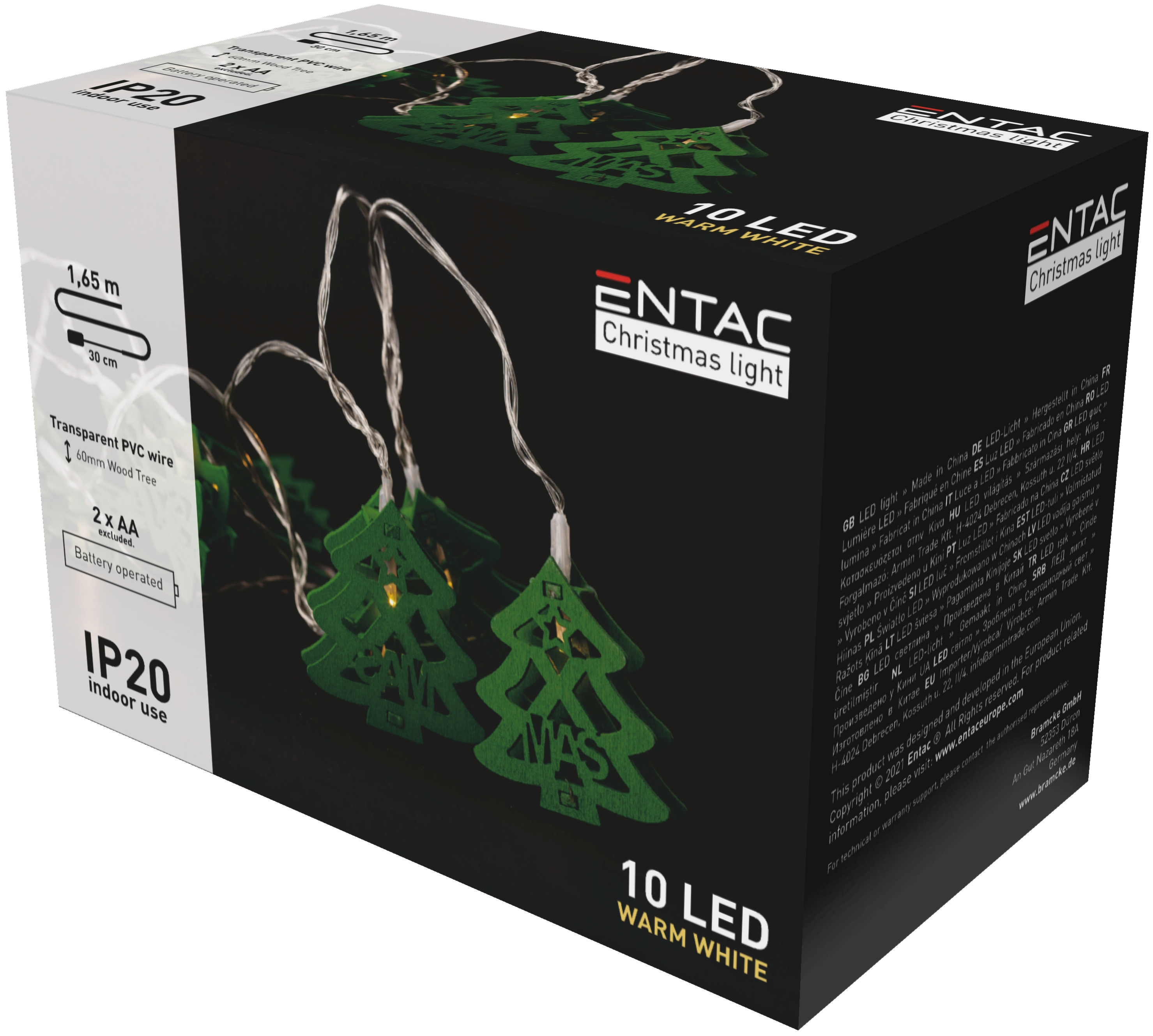 ENTAC Karácsonyi beltéri fa Karácsonyfa, zöld, 10 LED, meleg fehér, 165 cm (2x AA) (ECL-WGCT-10WW)