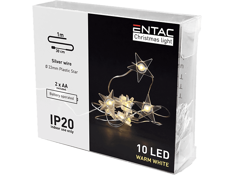 ENTAC Karácsonyi beltéri műanyag füzér, csillag, 10 LED, meleg fehér, 1m (2x AA) (ECL-PS-10WW)