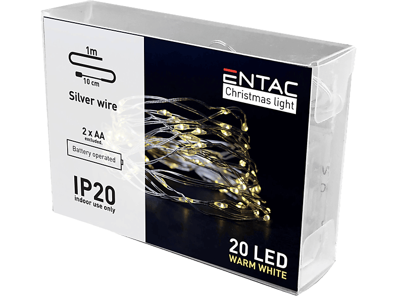 ENTAC Karácsonyi beltéri drótfüzér, 20 LED, meleg fehér, 1m (2x AA) (ECL-S20WW)