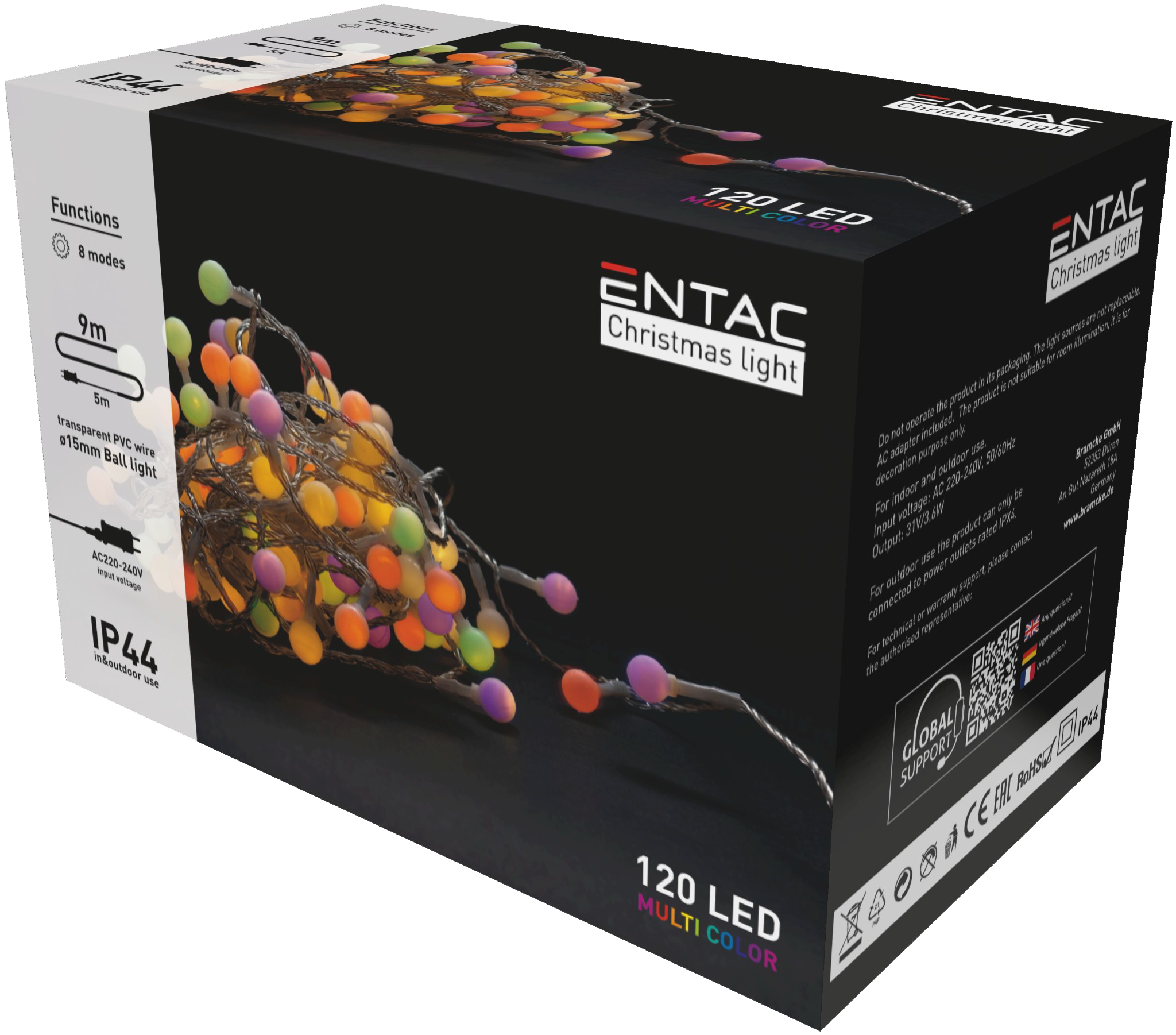 ENTAC Karácsonyi IP44 fényfüzér 15mm Balls 120 LED, színes, 9m (ECL-PPB-120MC)