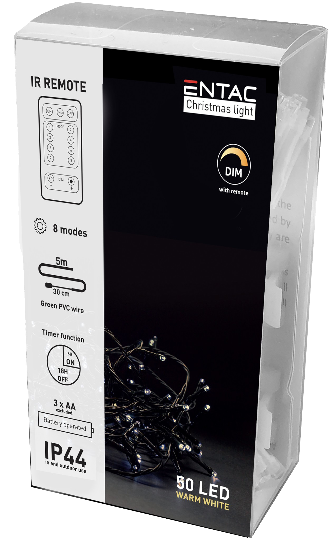 ENTAC Karácsonyi IP44 fényfüzér 50 LED, meleg fehér, 5m, IR távirányítóval (3x AA) (ECL-IR-50WW)