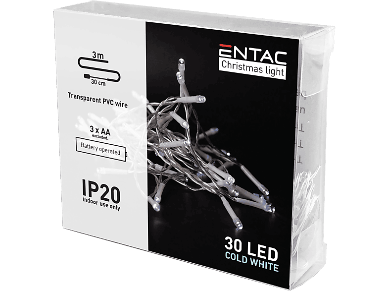 ENTAC Karácsonyi beltéri füzér 30 LED, hideg fehér, 3m (3x AA) (ECL-30CW)