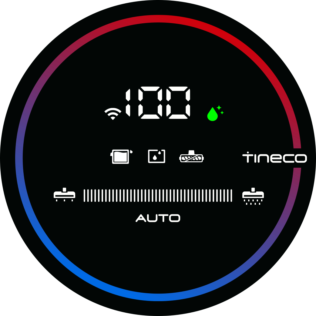 Rundes Display mit weißen Symbolen auf Schwarz. Zeigt 100 %, WLAN, Akku und Wassertropfen. Unten steht das Wort AUTO.