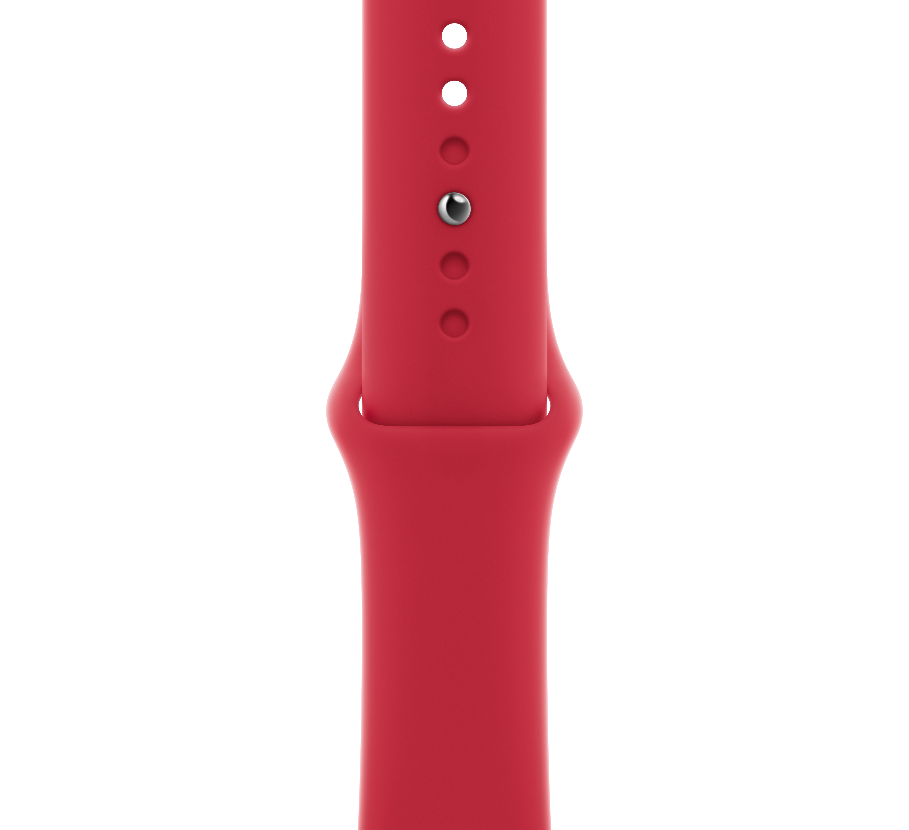 Primer plano de una correa roja de Apple Watch. La correa es de goma y tiene agujeros.
