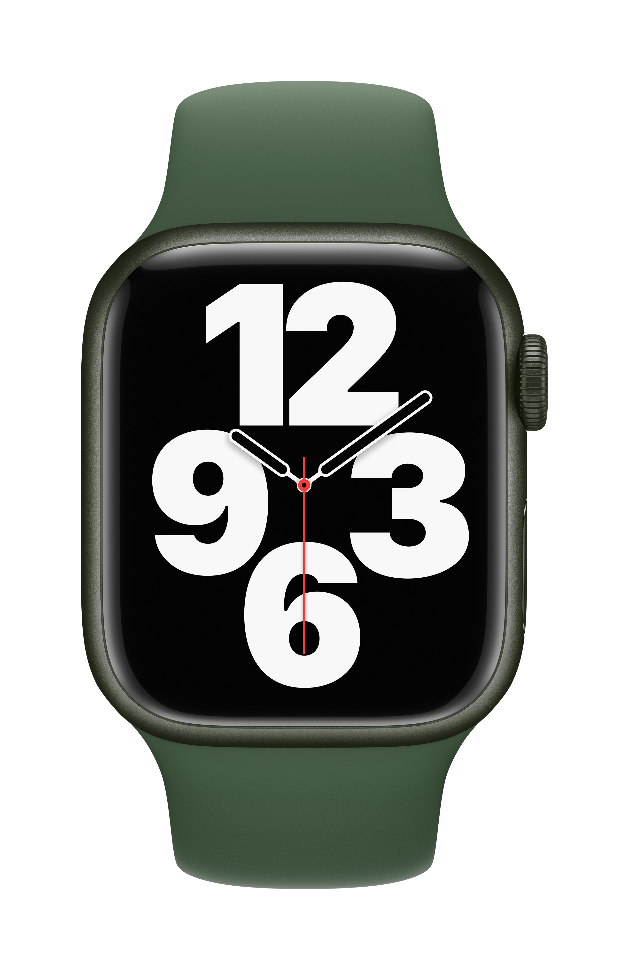 Apple Watch verde con pantalla negra mostrando la hora, sobre fondo blanco.
