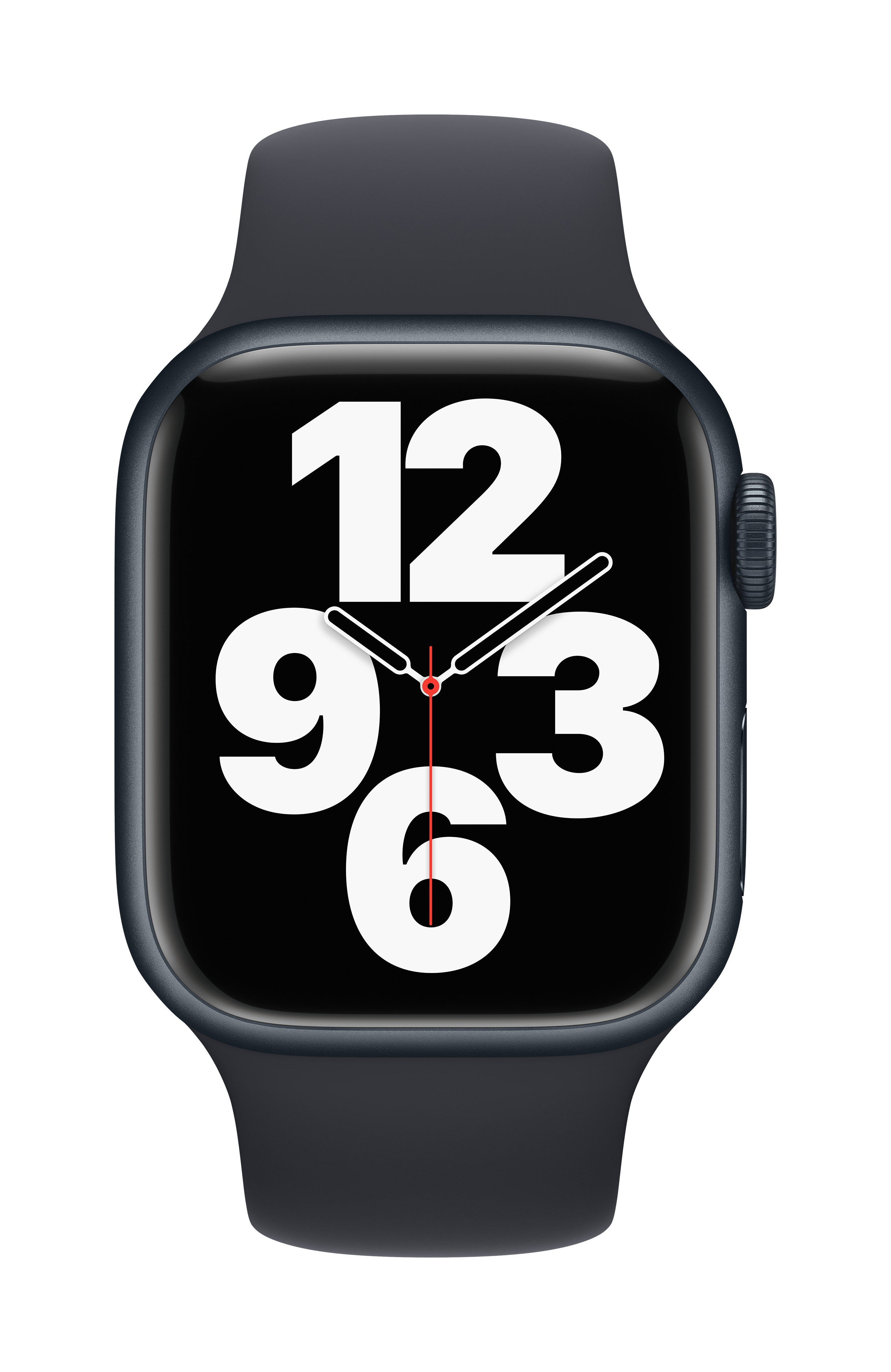 Un Apple Watch con correa negra y una pantalla negra que muestra la hora 12:03:06.