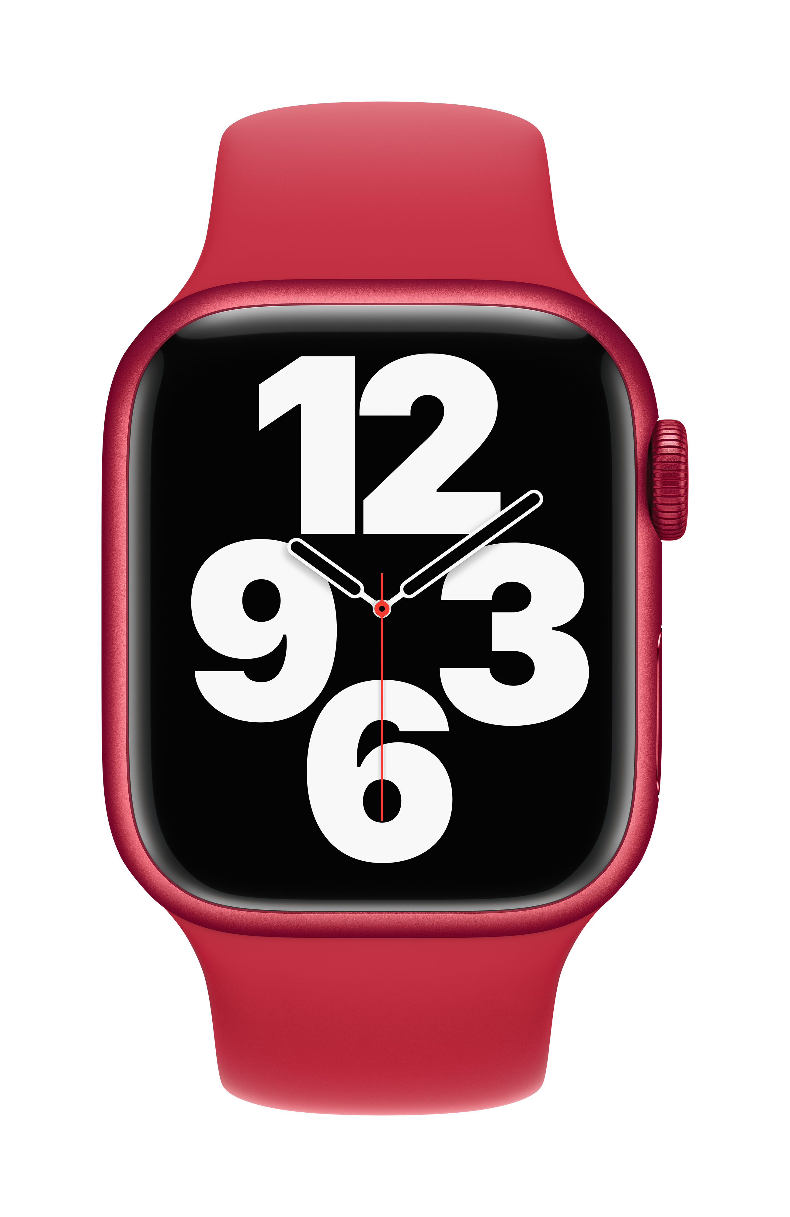 Smartwatch roja con pantalla negra que muestra la hora y los números.