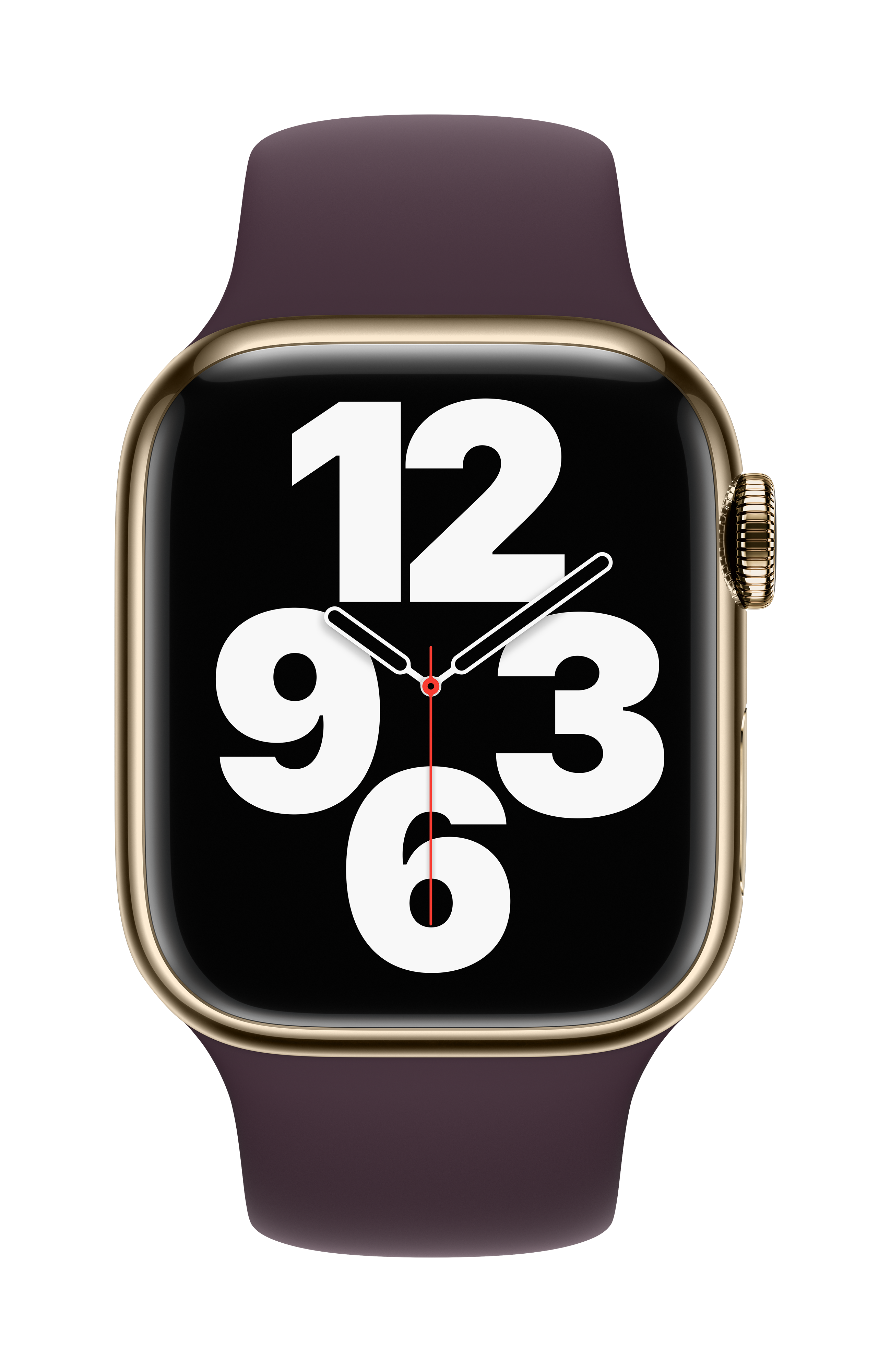 Apple Watch con caja dorada y correa púrpura oscura, mostrando una esfera de reloj digital.