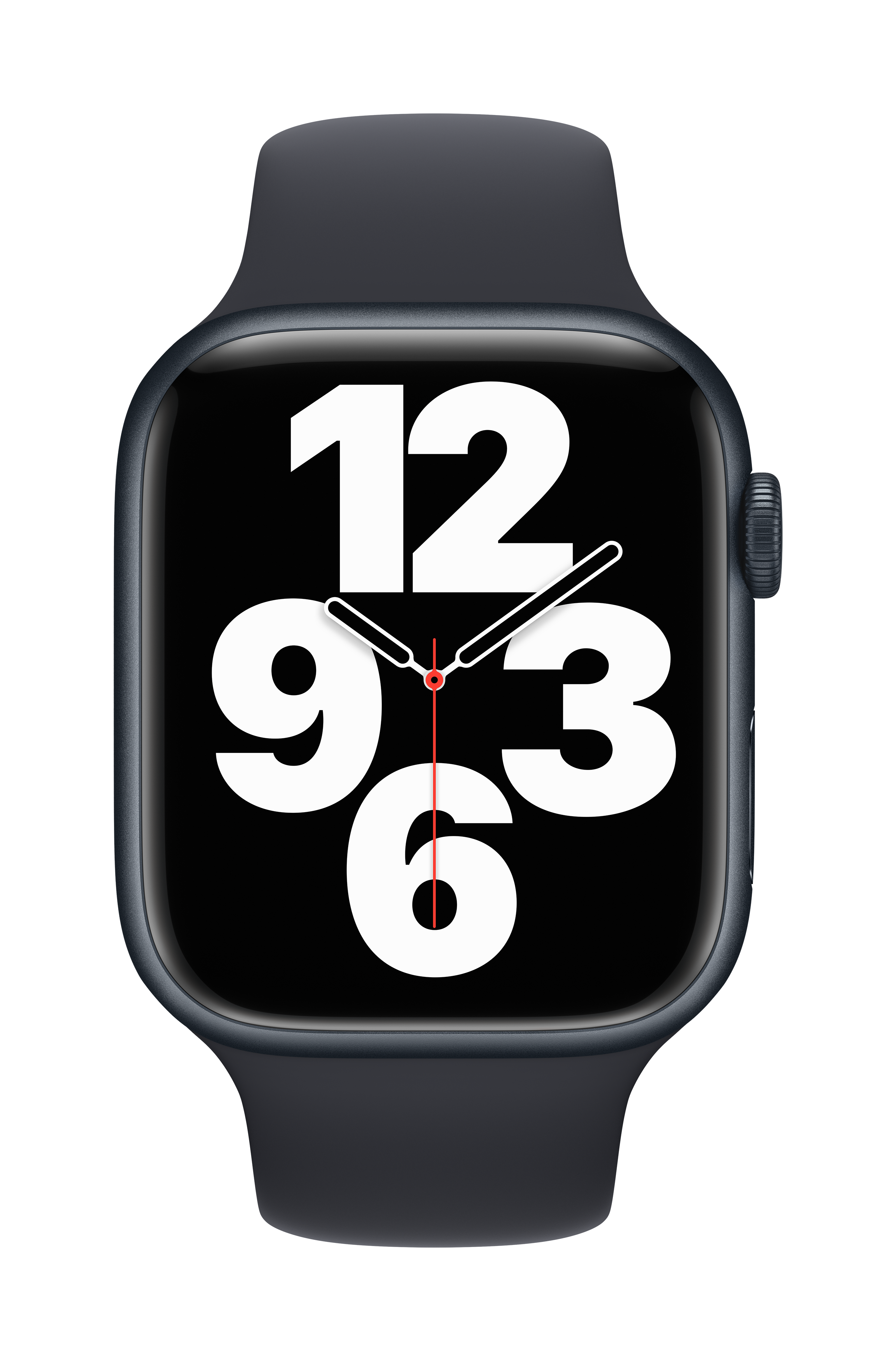 Un Apple Watch con una pantalla negra que muestra la hora 12:03 y una correa azul.
