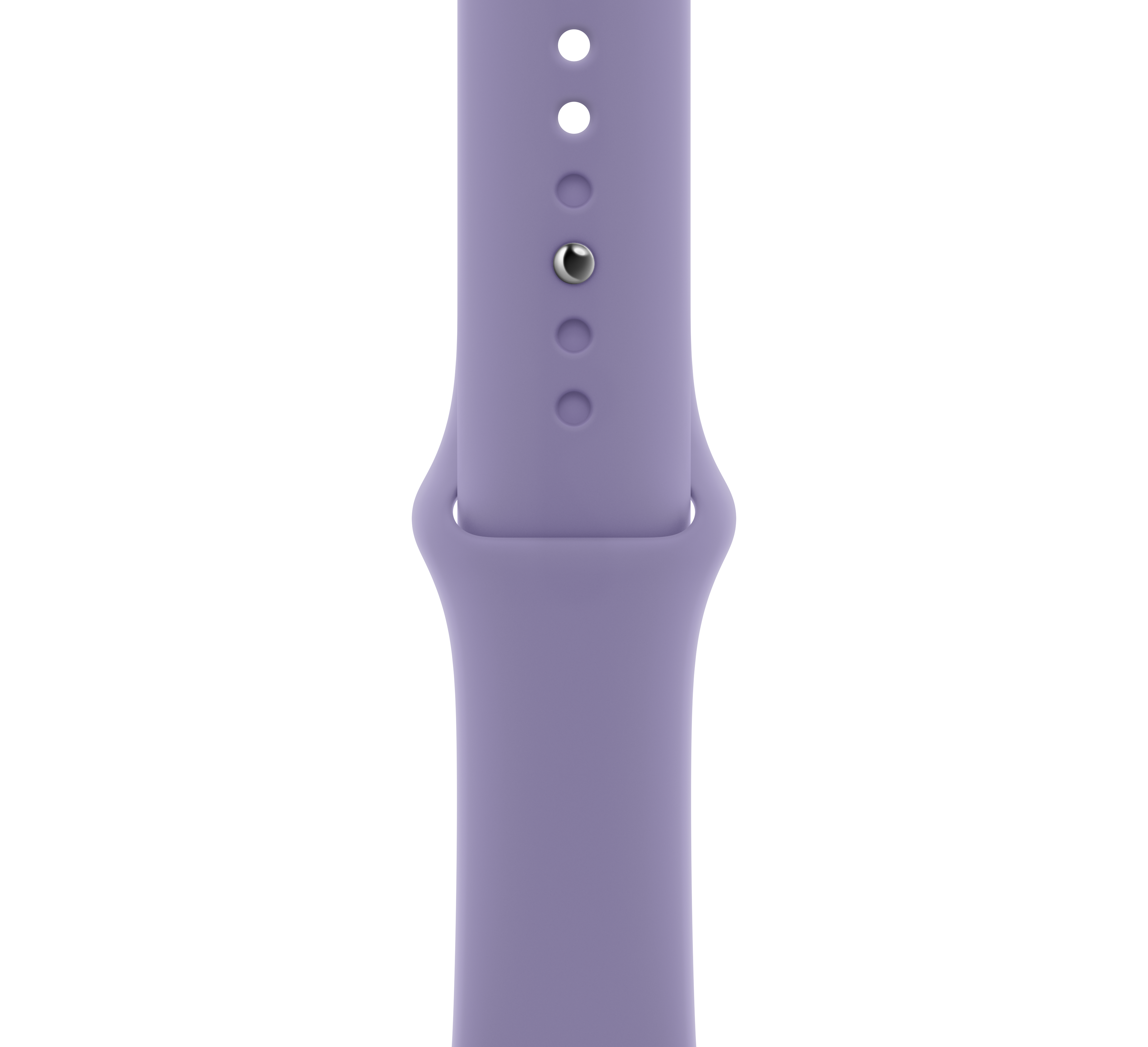 Primer plano de una correa de Apple Watch de color lila claro, mostrando la correa y el conector.
