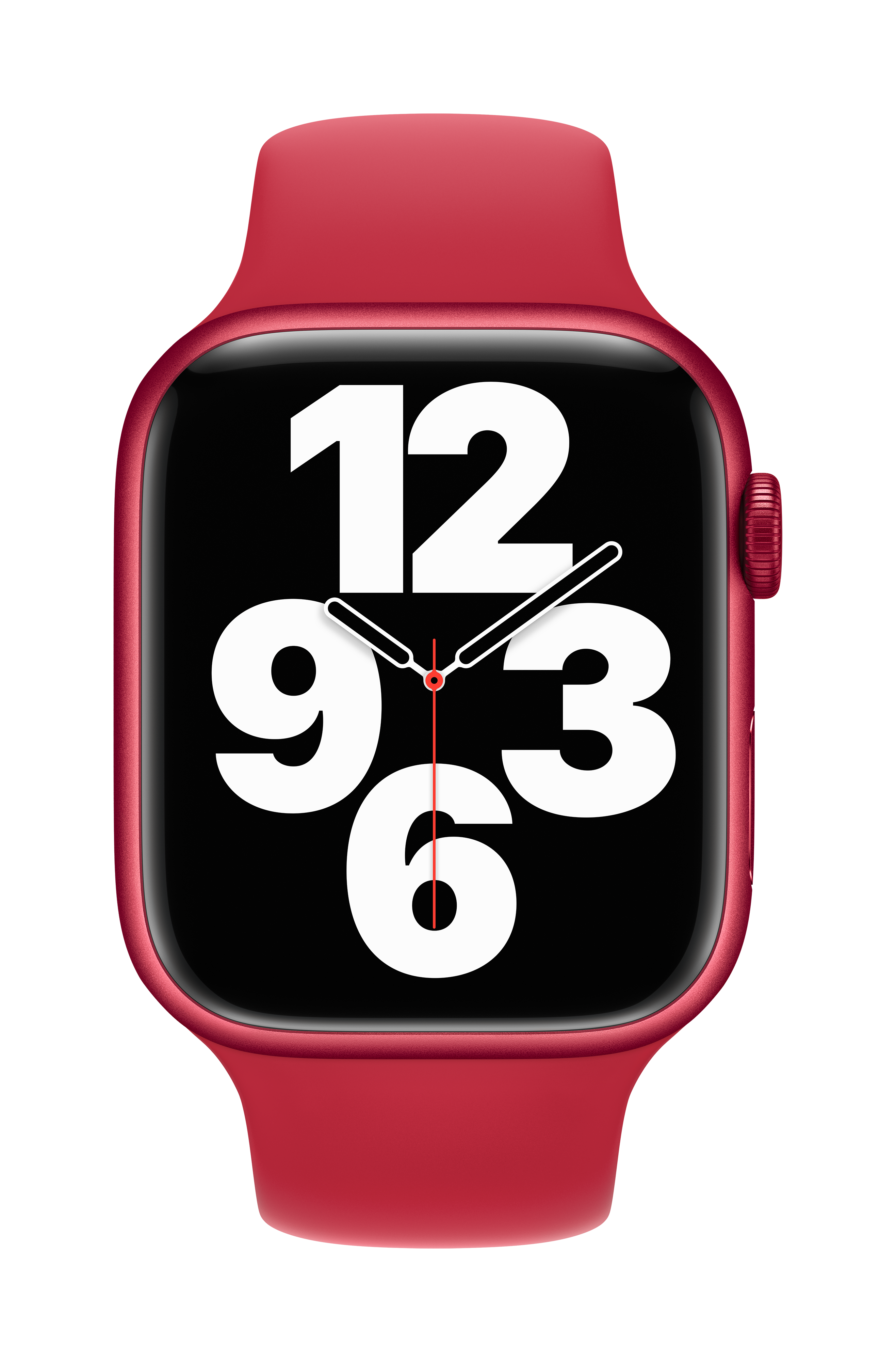 Apple Watch roja con pantalla negra que muestra la hora y los números.