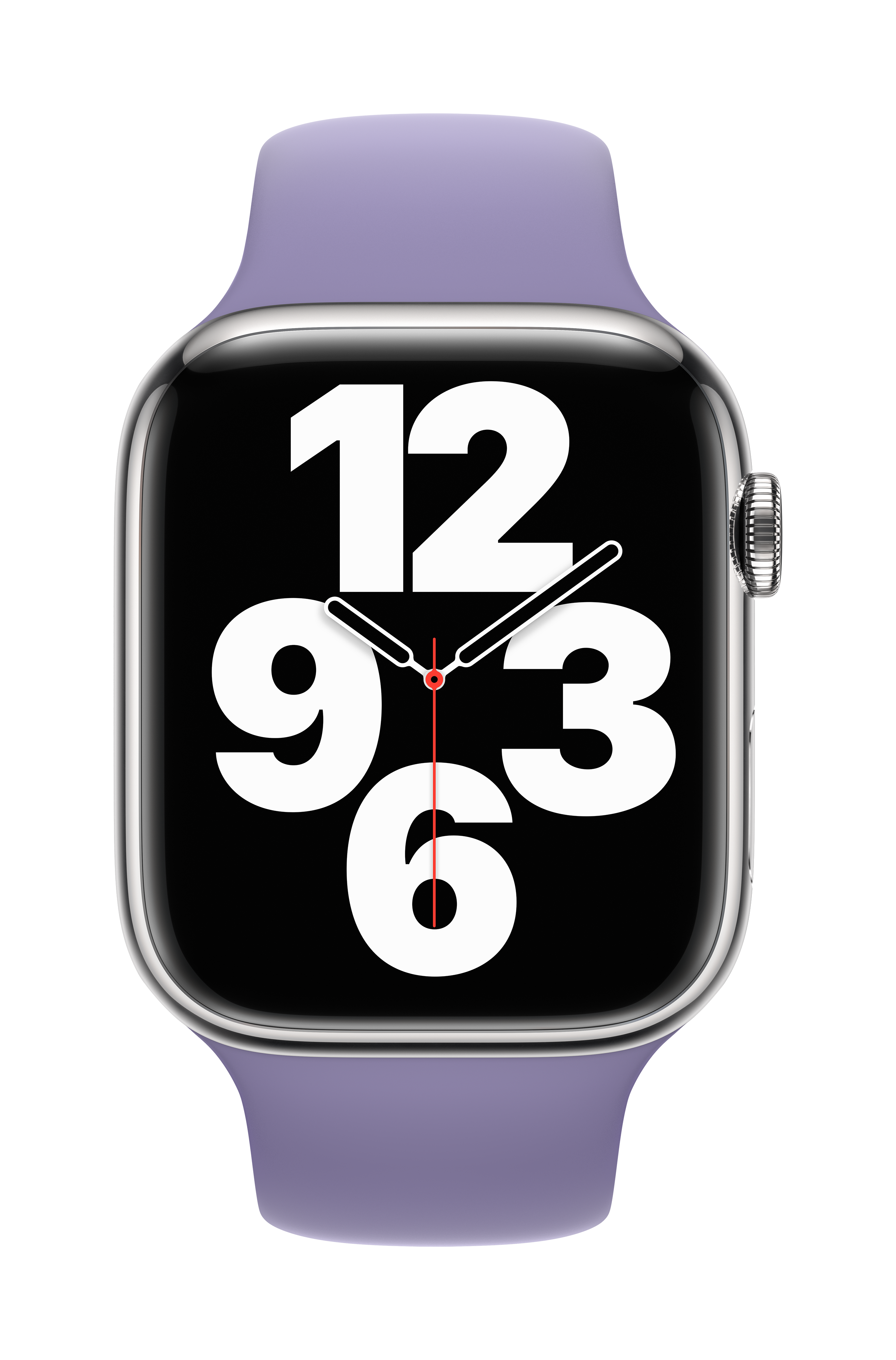 Apple Watch SE plateado con una pantalla negra que muestra grandes números blancos y una correa morada.