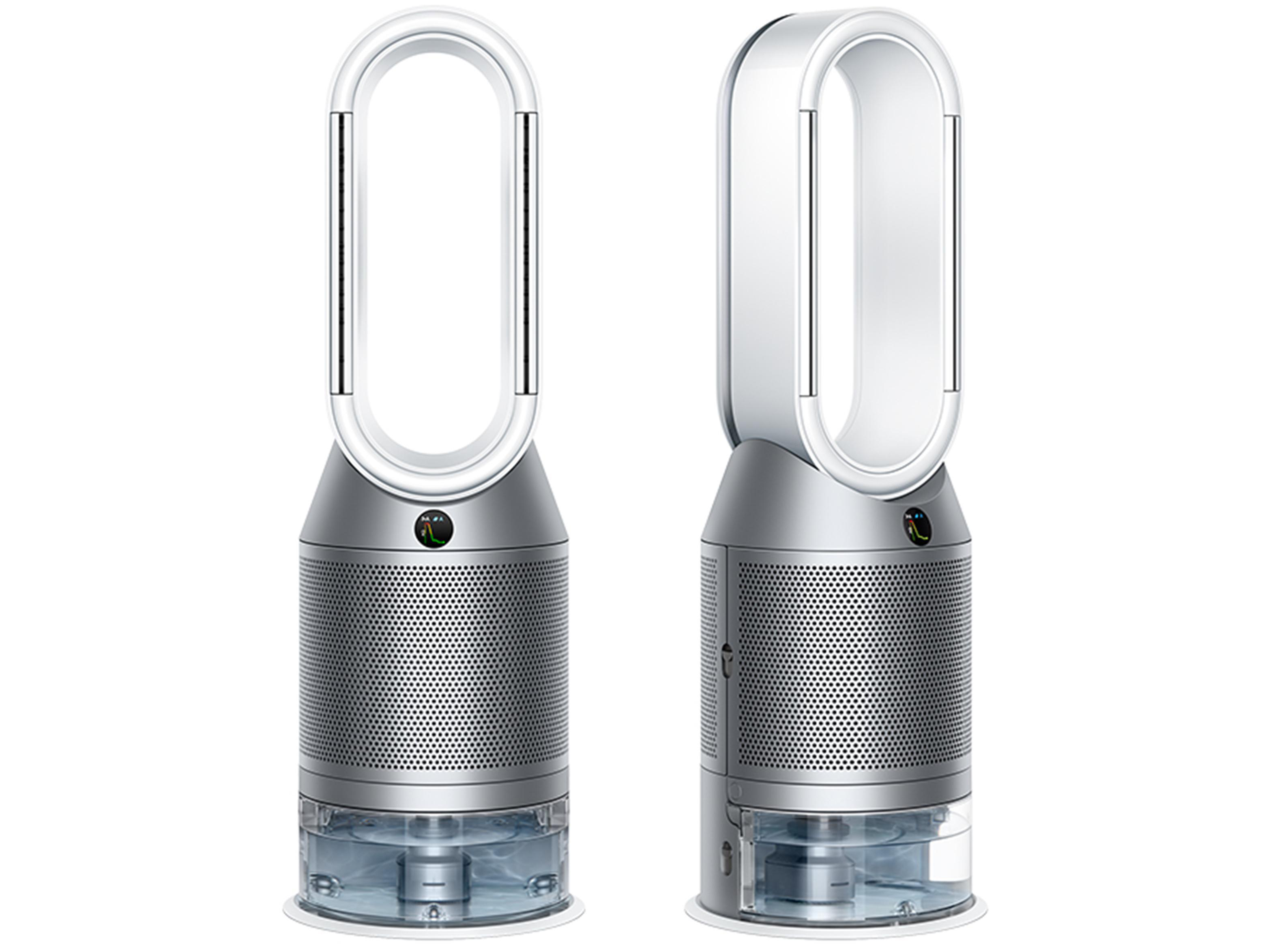 Zwei Dyson Luftreiniger, silber und weiß, nebeneinander auf weißem Hintergrund.