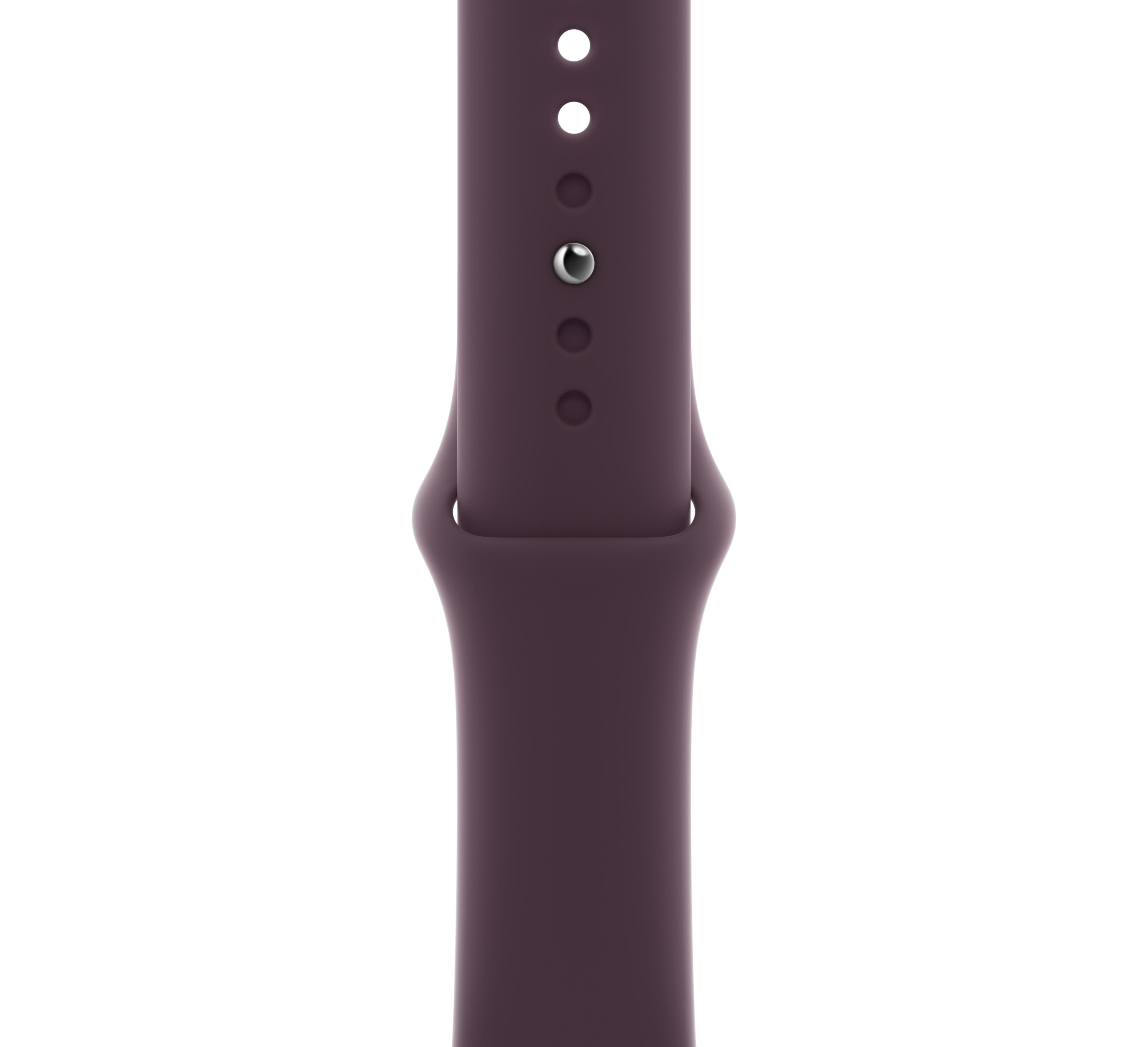 Un primer plano de una correa de Apple Watch color ciruela con agujeros y un cierre.