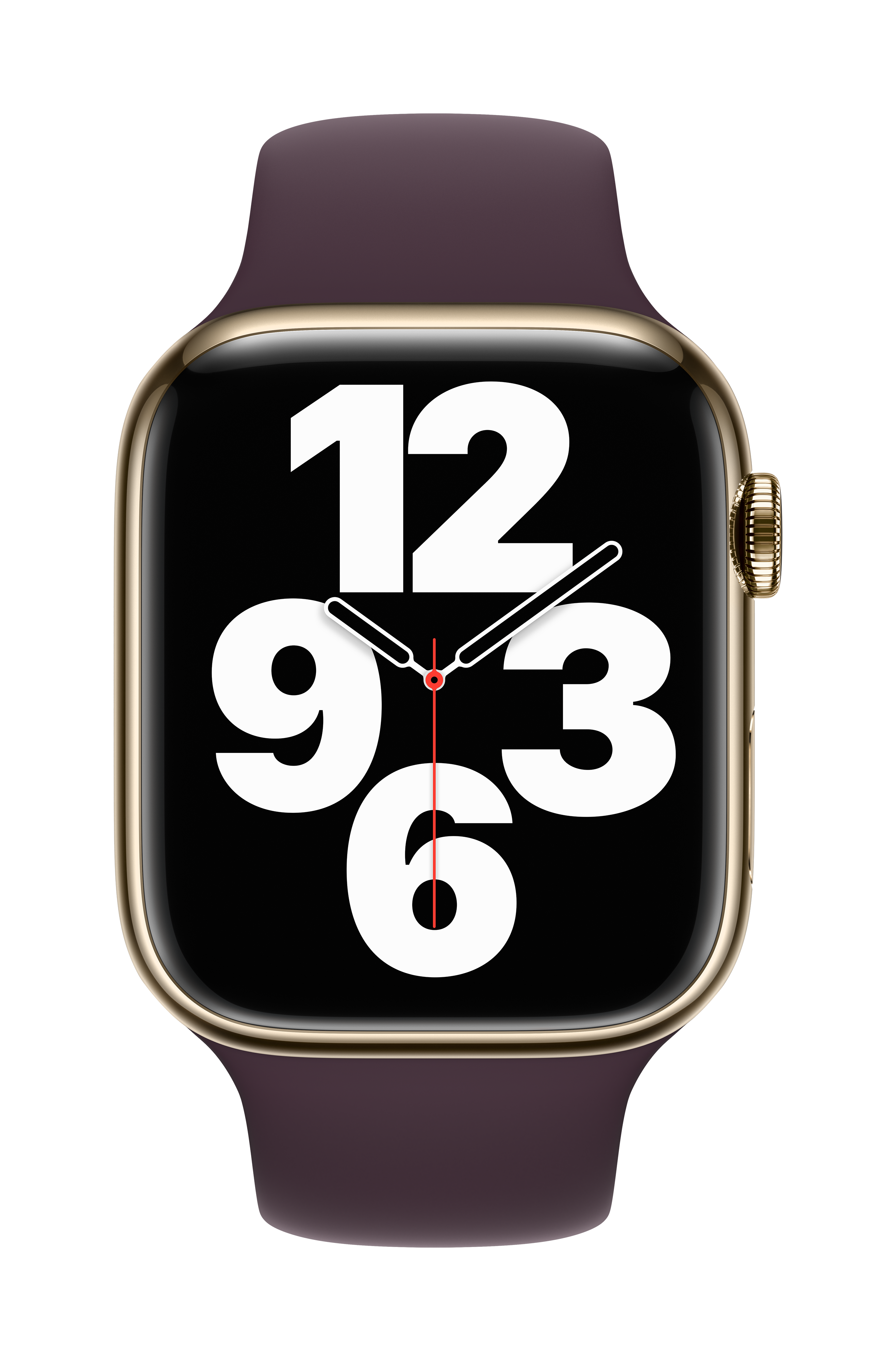 Apple Watch Serie 8. Caja dorada con pantalla negra que muestra la hora y correa morada.