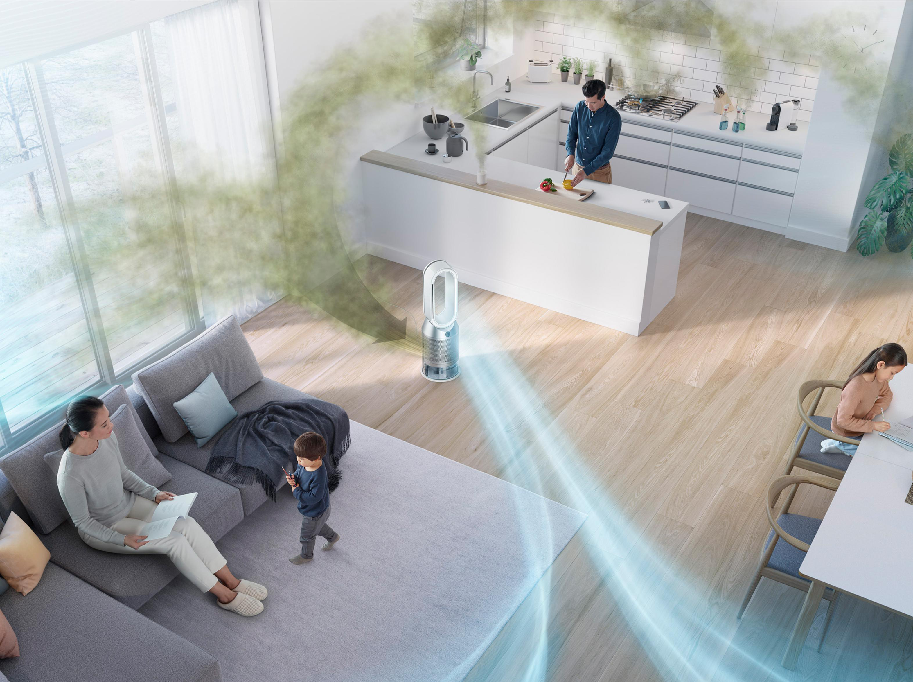 Eine Familie in einem modernen Wohnzimmer mit einem Dyson-Luftreiniger.